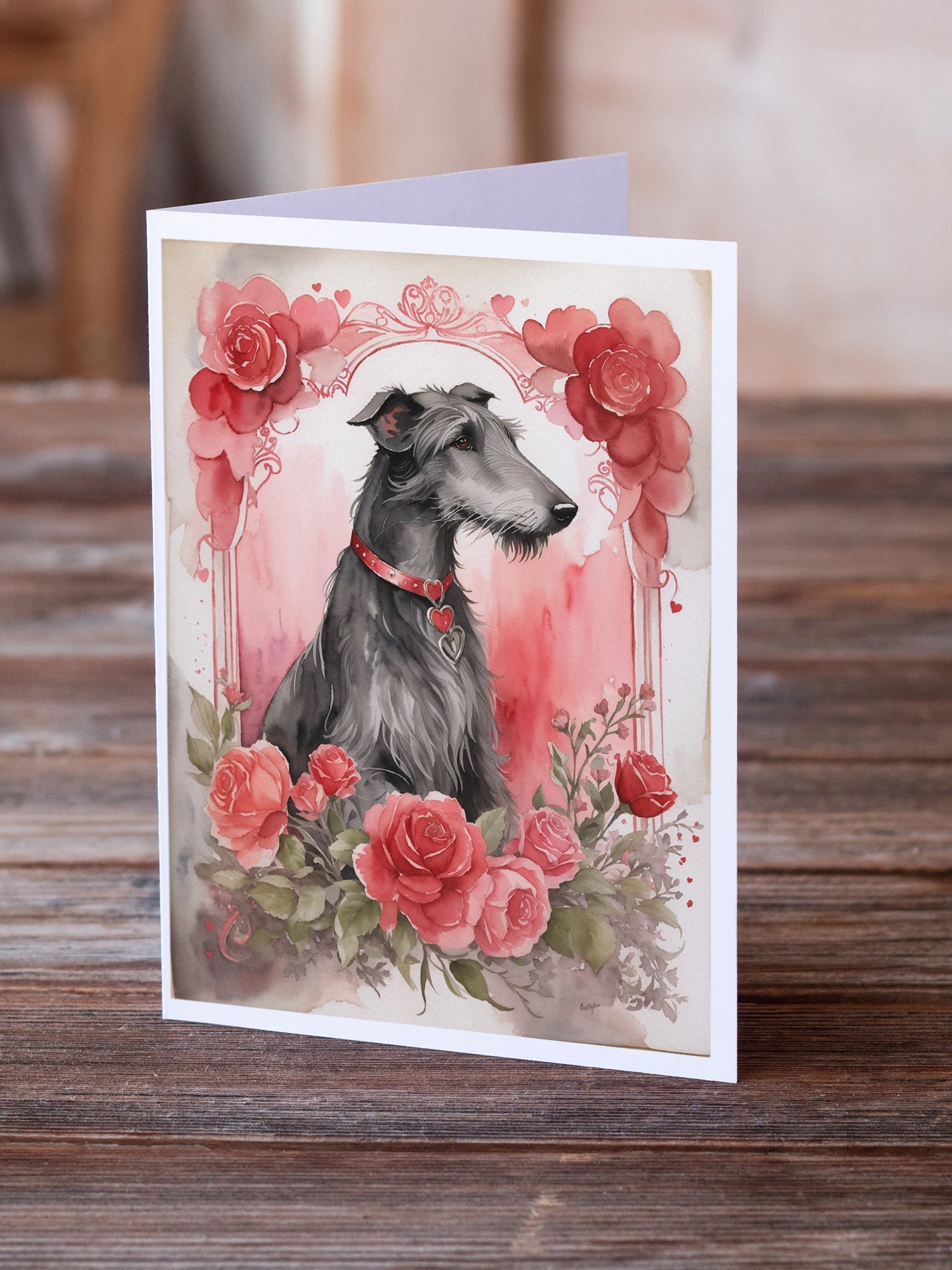 Scottish Deerhound Valentine Roses Greeting Cards Pack of 8 Blank Cards with Envelopes Whimsical A7 Size 5x7