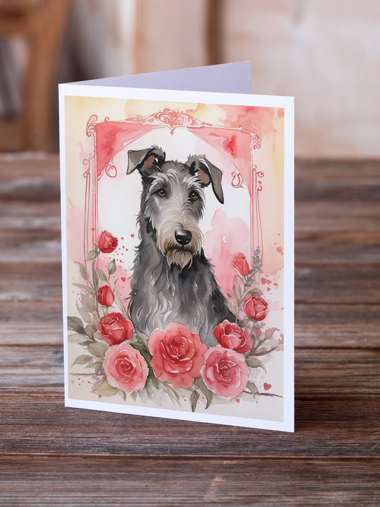 Scottish Deerhound Valentine Roses Greeting Cards Pack of 8 Blank Cards with Envelopes Whimsical A7 Size 5x7