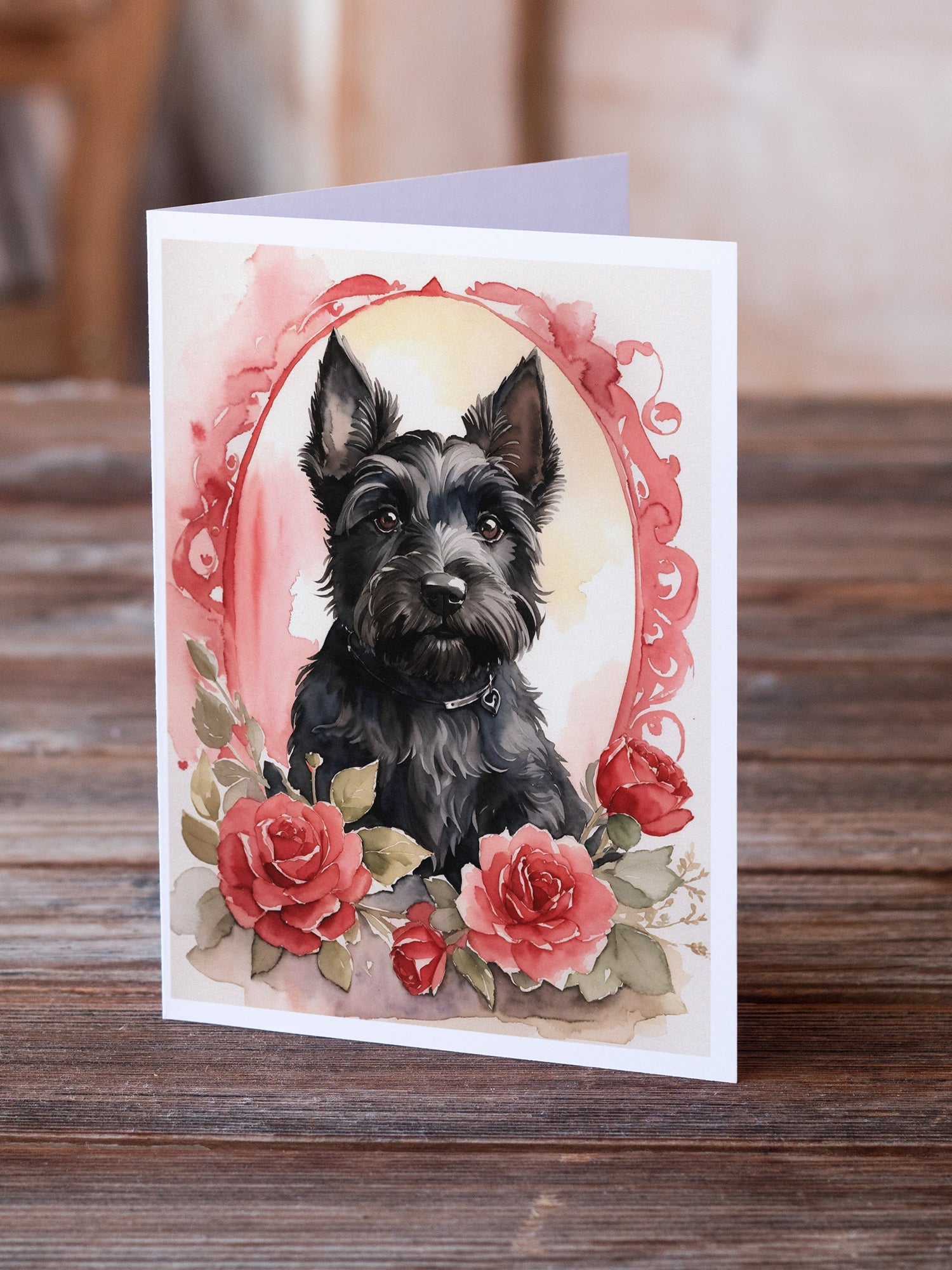 Scottish Terrier Valentine Roses Greeting Cards Pack of 8 Blank Cards with Envelopes Whimsical A7 Size 5x7