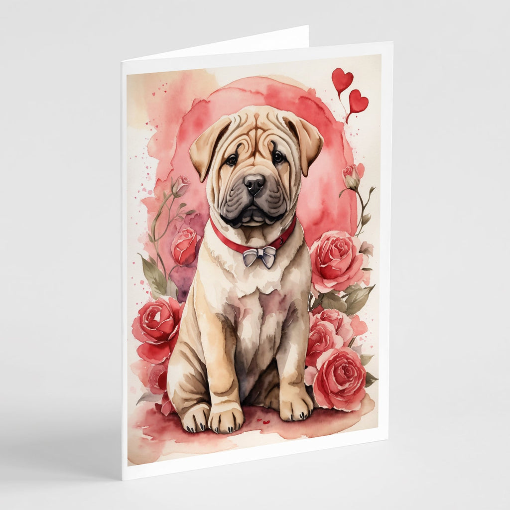 Shar Pei Valentine Roses Greeting Cards Pack of 8 Blank Cards with Envelopes Whimsical A7 Size 5x7