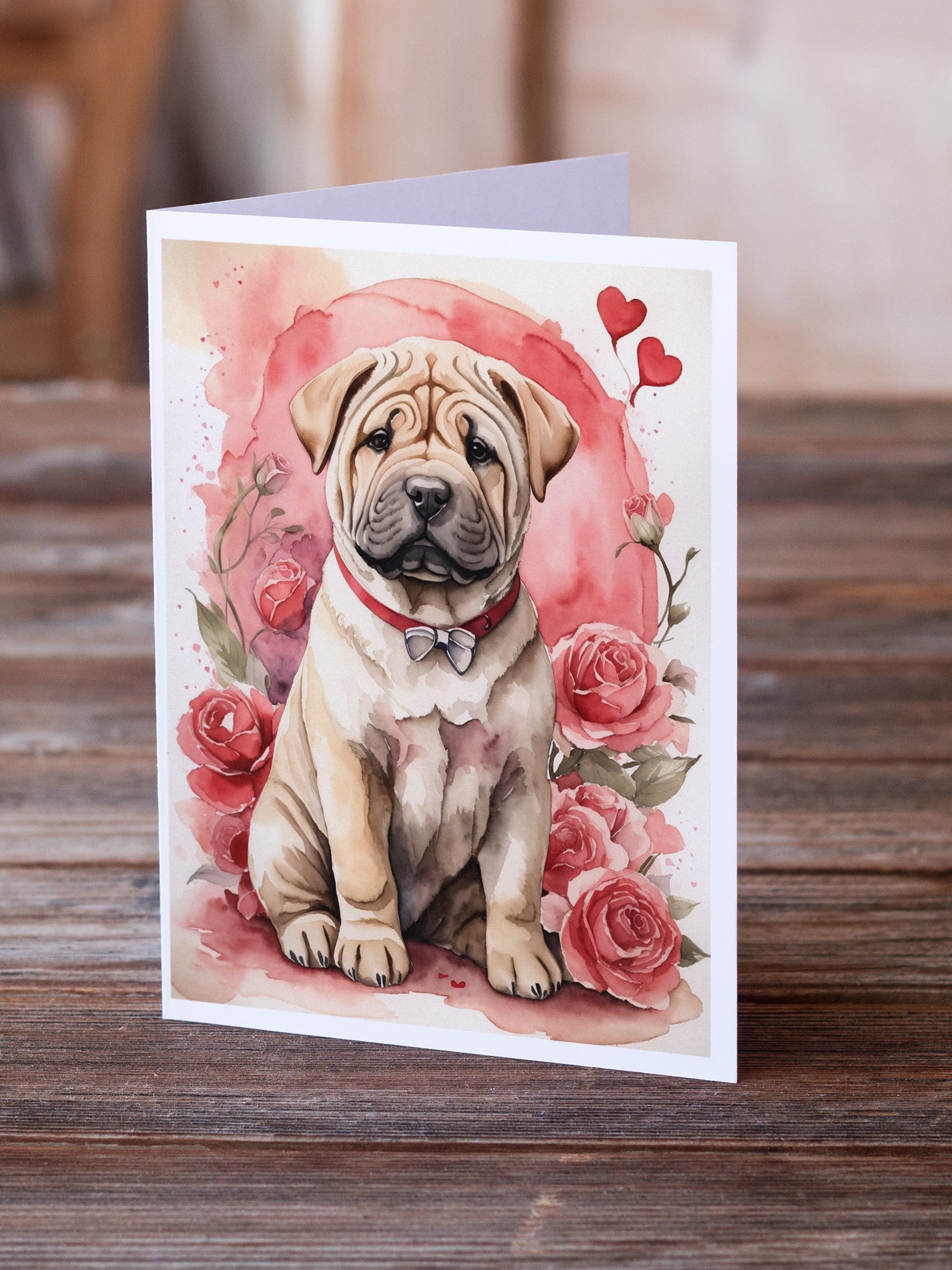 Shar Pei Valentine Roses Greeting Cards Pack of 8 Blank Cards with Envelopes Whimsical A7 Size 5x7