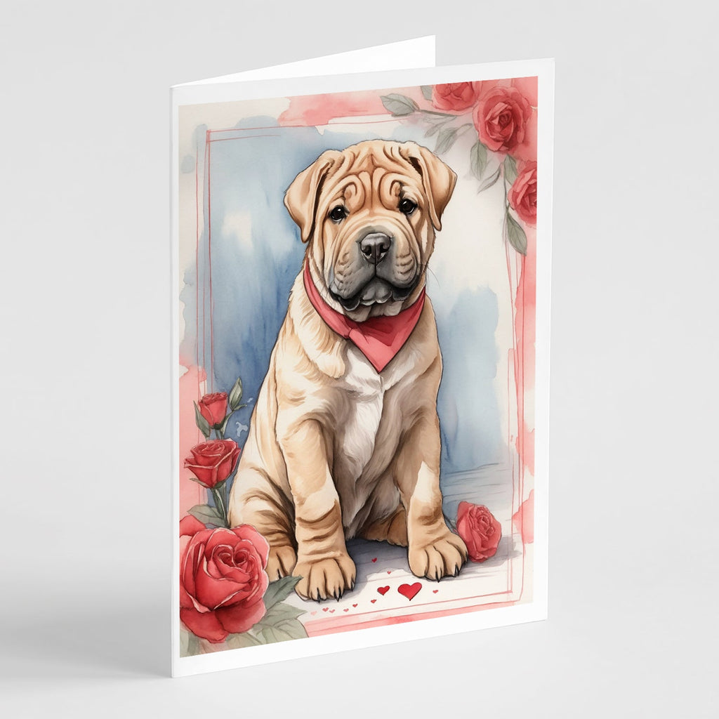 Shar Pei Valentine Roses Greeting Cards Pack of 8 Blank Cards with Envelopes Whimsical A7 Size 5x7
