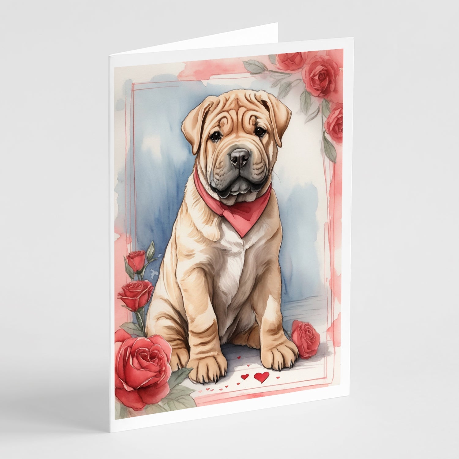 Shar Pei Valentine Roses Greeting Cards Pack of 8 Blank Cards with Envelopes Whimsical A7 Size 5x7