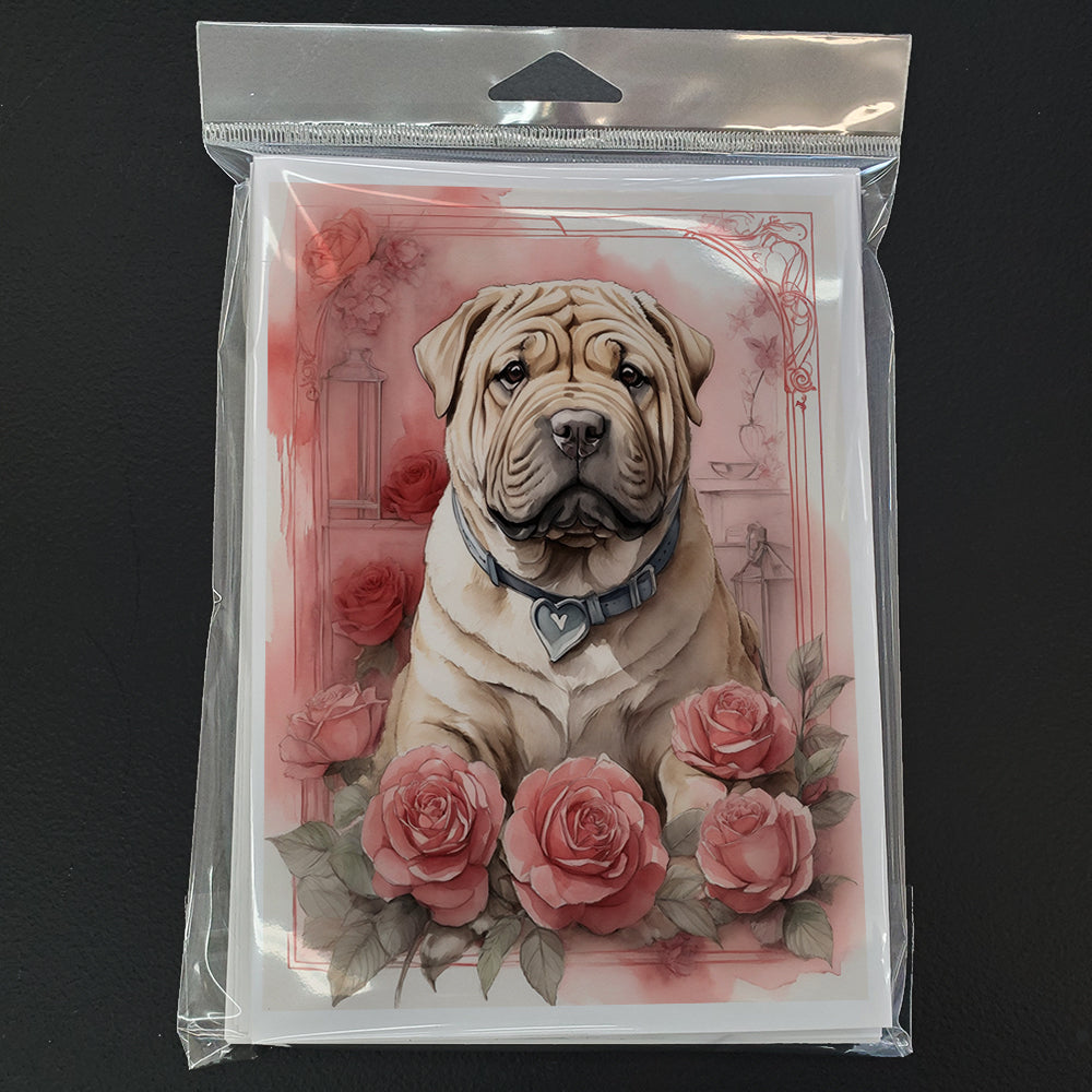 Shar Pei Valentine Roses Greeting Cards Pack of 8 Blank Cards with Envelopes Whimsical A7 Size 5x7