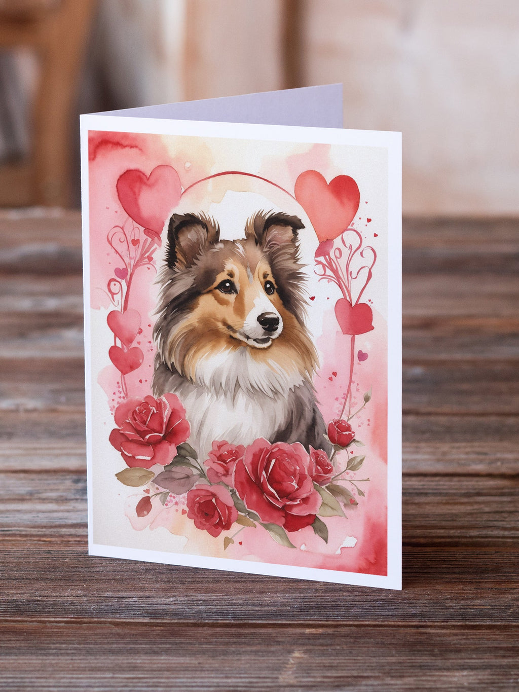 Sheltie Valentine Roses Greeting Cards Pack of 8 Blank Cards with Envelopes Whimsical A7 Size 5x7