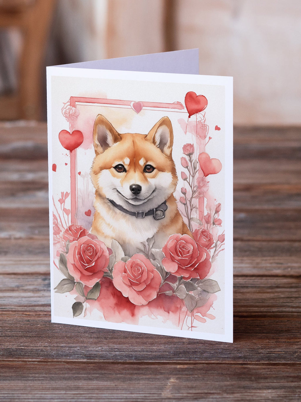 Shiba Inu Valentine Roses Greeting Cards Pack of 8 Blank Cards with Envelopes Whimsical A7 Size 5x7