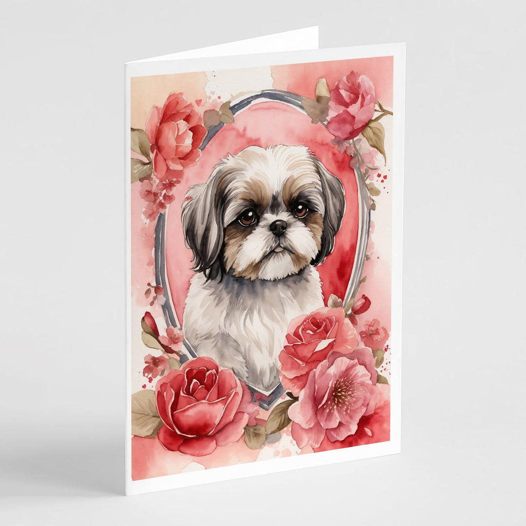 Shih Tzu Valentine Roses Greeting Cards Pack of 8 Blank Cards with Envelopes Whimsical A7 Size 5x7