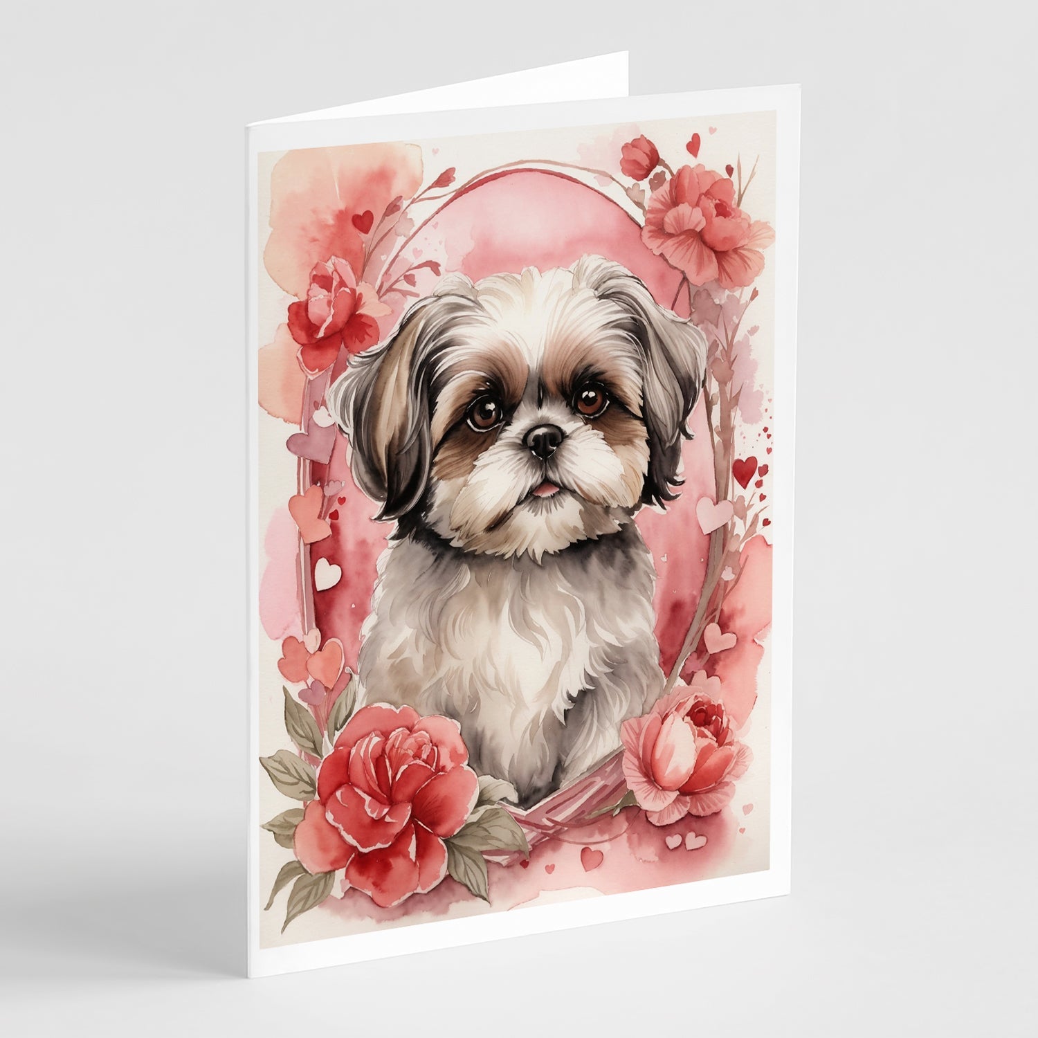 Shih Tzu Valentine Roses Greeting Cards Pack of 8 Blank Cards with Envelopes Whimsical A7 Size 5x7