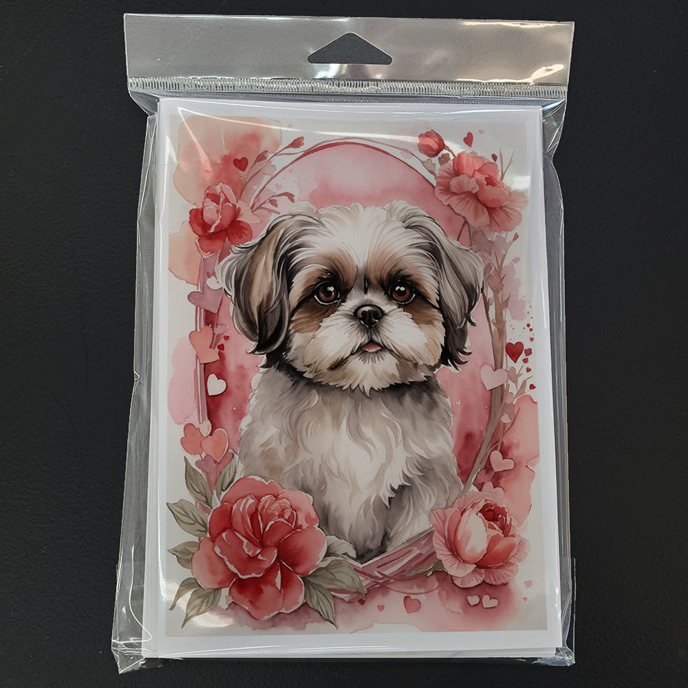 Shih Tzu Valentine Roses Greeting Cards Pack of 8 Blank Cards with Envelopes Whimsical A7 Size 5x7