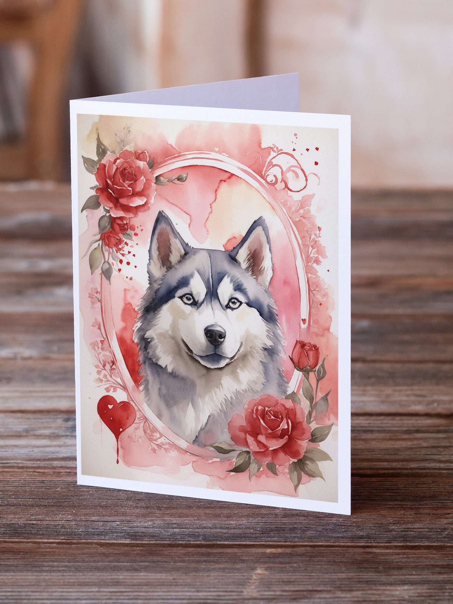 Siberian Husky Valentine Roses Greeting Cards Pack of 8 Blank Cards with Envelopes Whimsical A7 Size 5x7