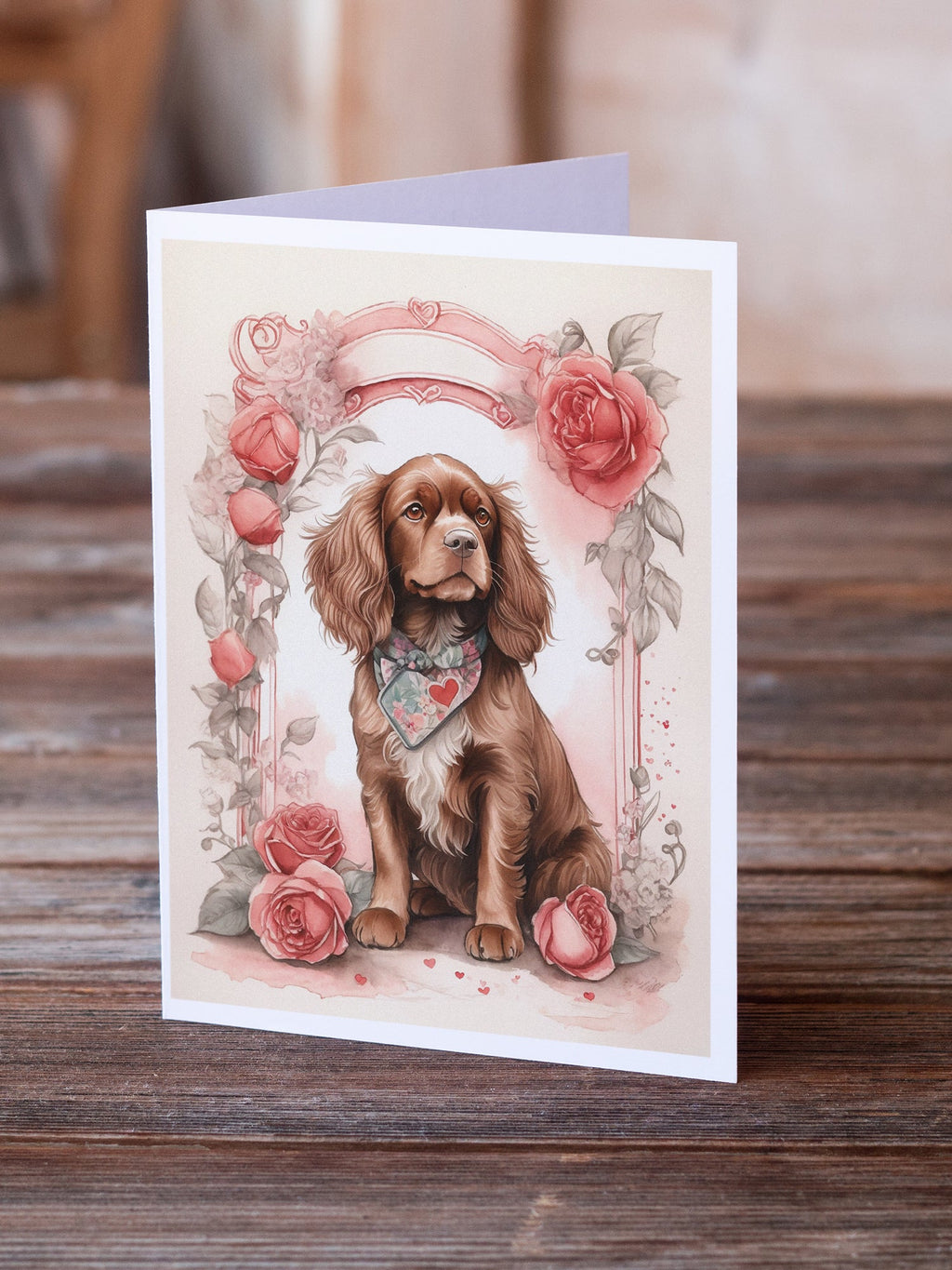 Sussex Spaniel Valentine Roses Greeting Cards Pack of 8 Blank Cards with Envelopes Whimsical A7 Size 5x7