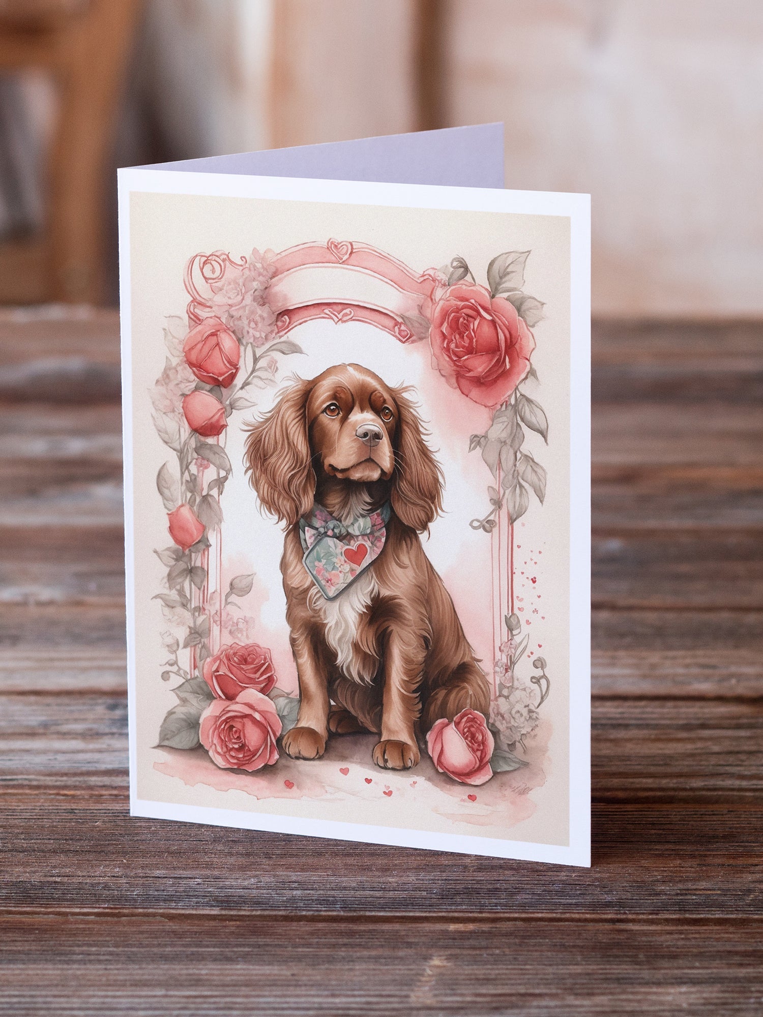 Sussex Spaniel Valentine Roses Greeting Cards Pack of 8 Blank Cards with Envelopes Whimsical A7 Size 5x7