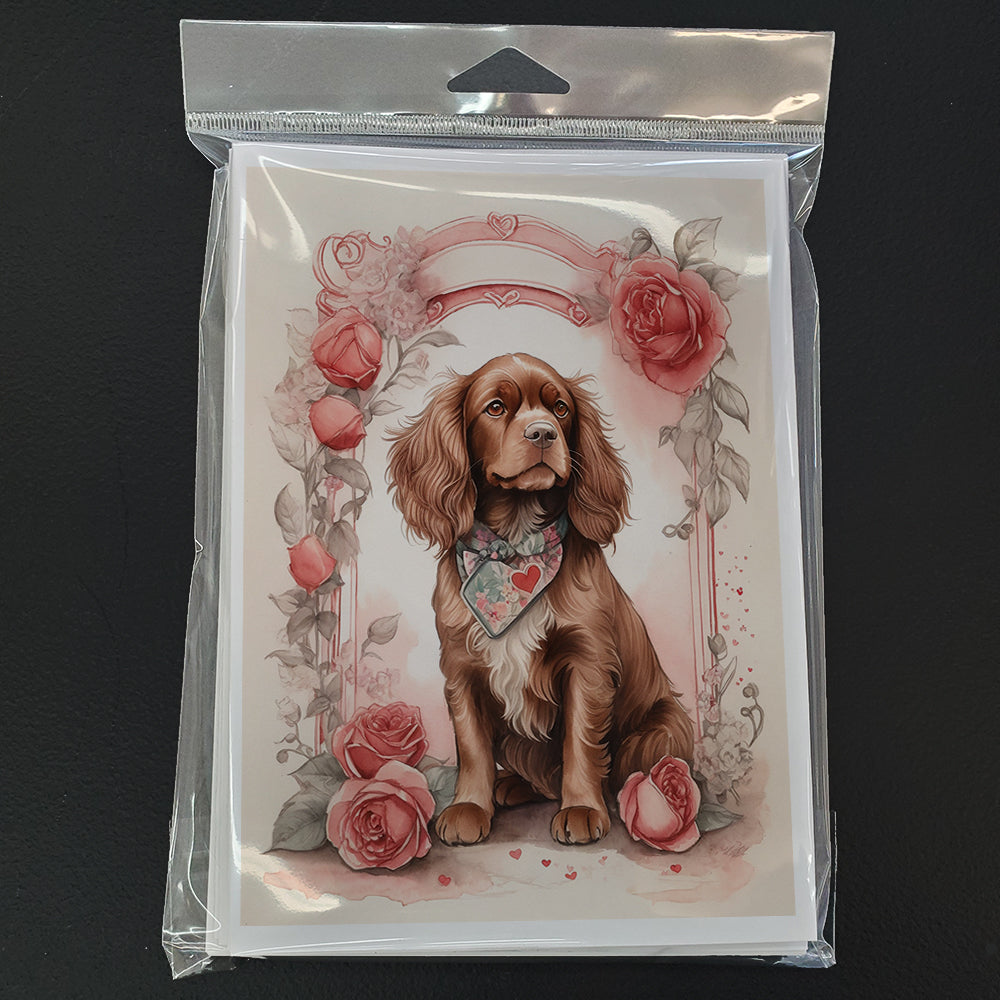 Sussex Spaniel Valentine Roses Greeting Cards Pack of 8 Blank Cards with Envelopes Whimsical A7 Size 5x7