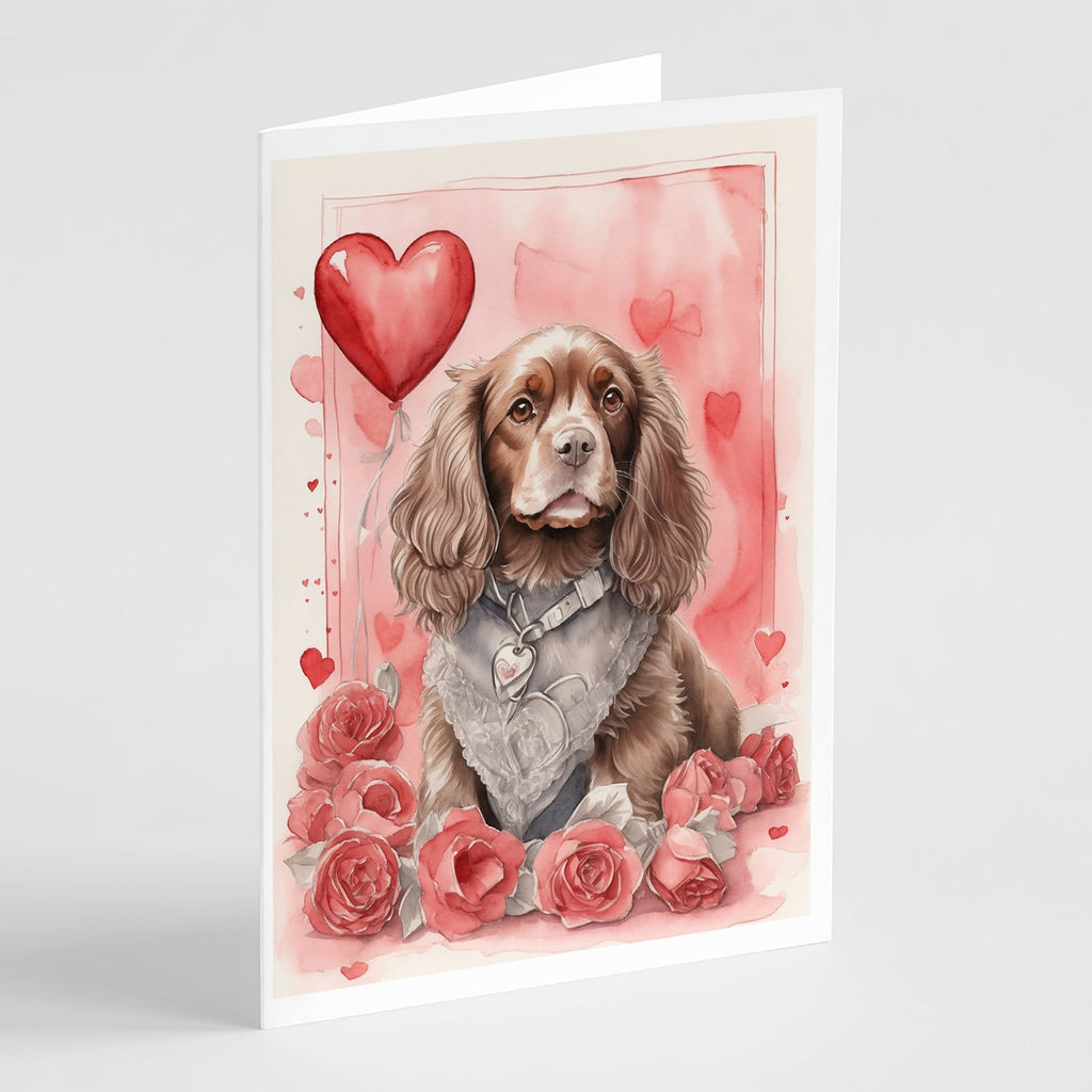 Sussex Spaniel Valentine Roses Greeting Cards Pack of 8 Blank Cards with Envelopes Whimsical A7 Size 5x7