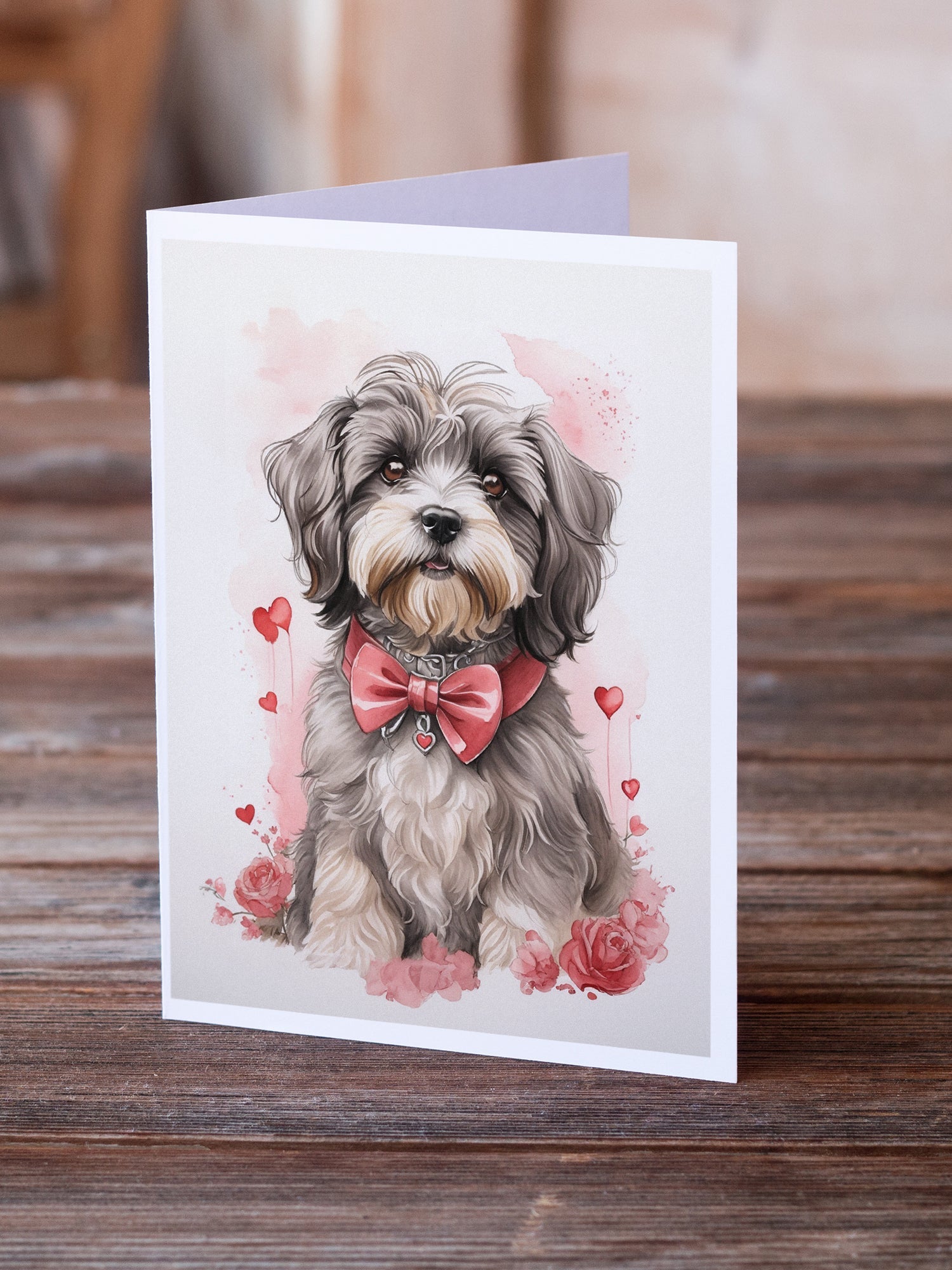 Tibetan Terrier Valentine Roses Greeting Cards Pack of 8 Blank Cards with Envelopes Whimsical A7 Size 5x7