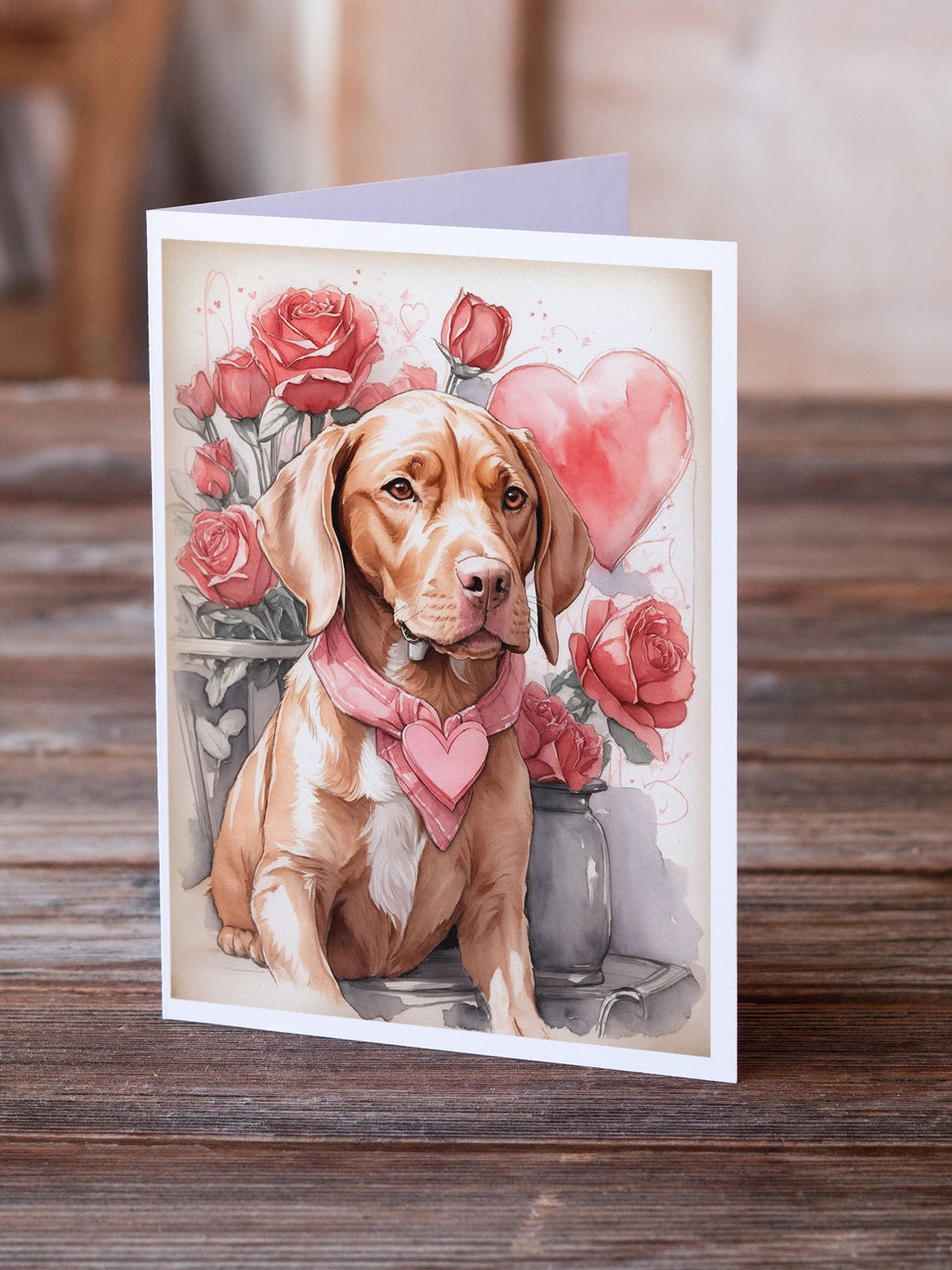 Vizsla Valentine Roses Greeting Cards Pack of 8 Blank Cards with Envelopes Whimsical A7 Size 5x7