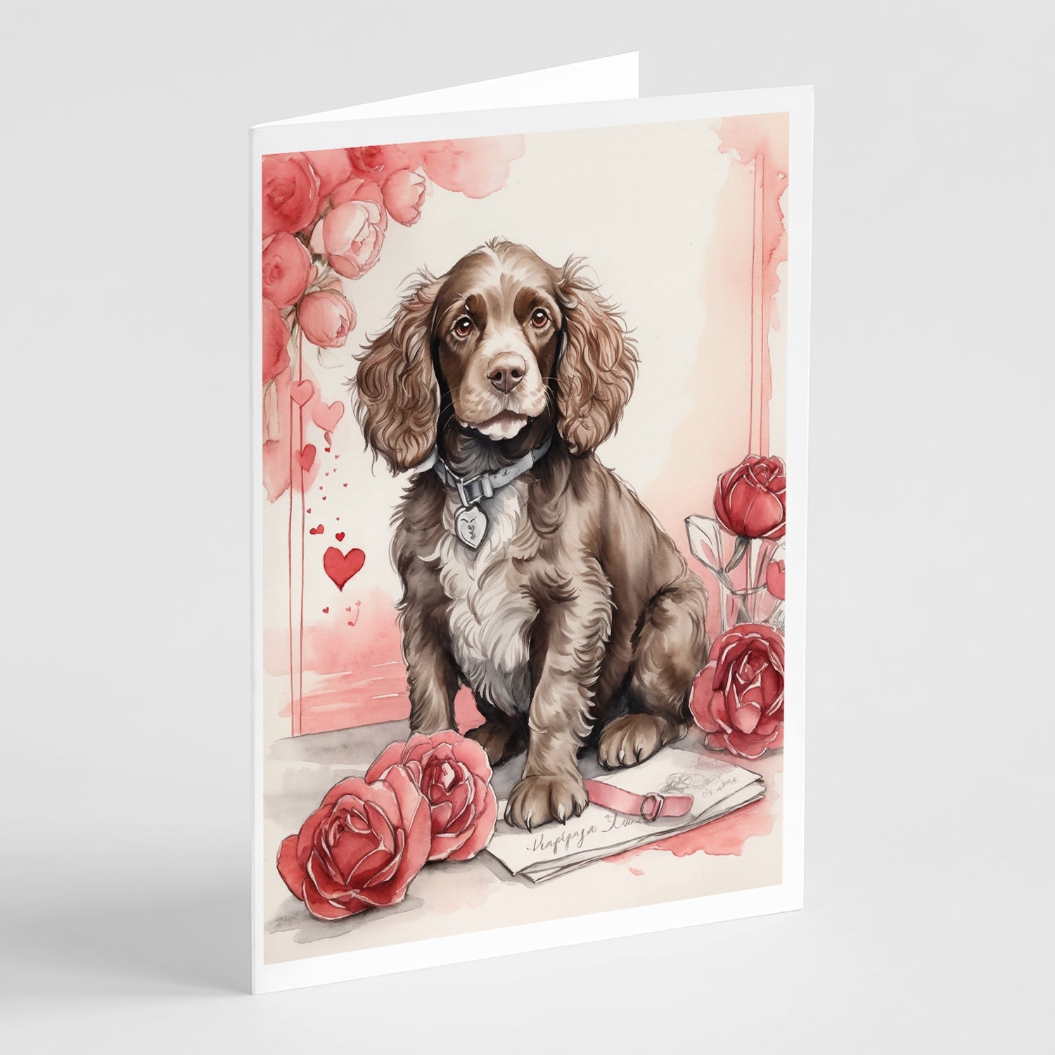 Water Spaniel Valentine Roses Greeting Cards Pack of 8 Blank Cards with Envelopes Whimsical A7 Size 5x7