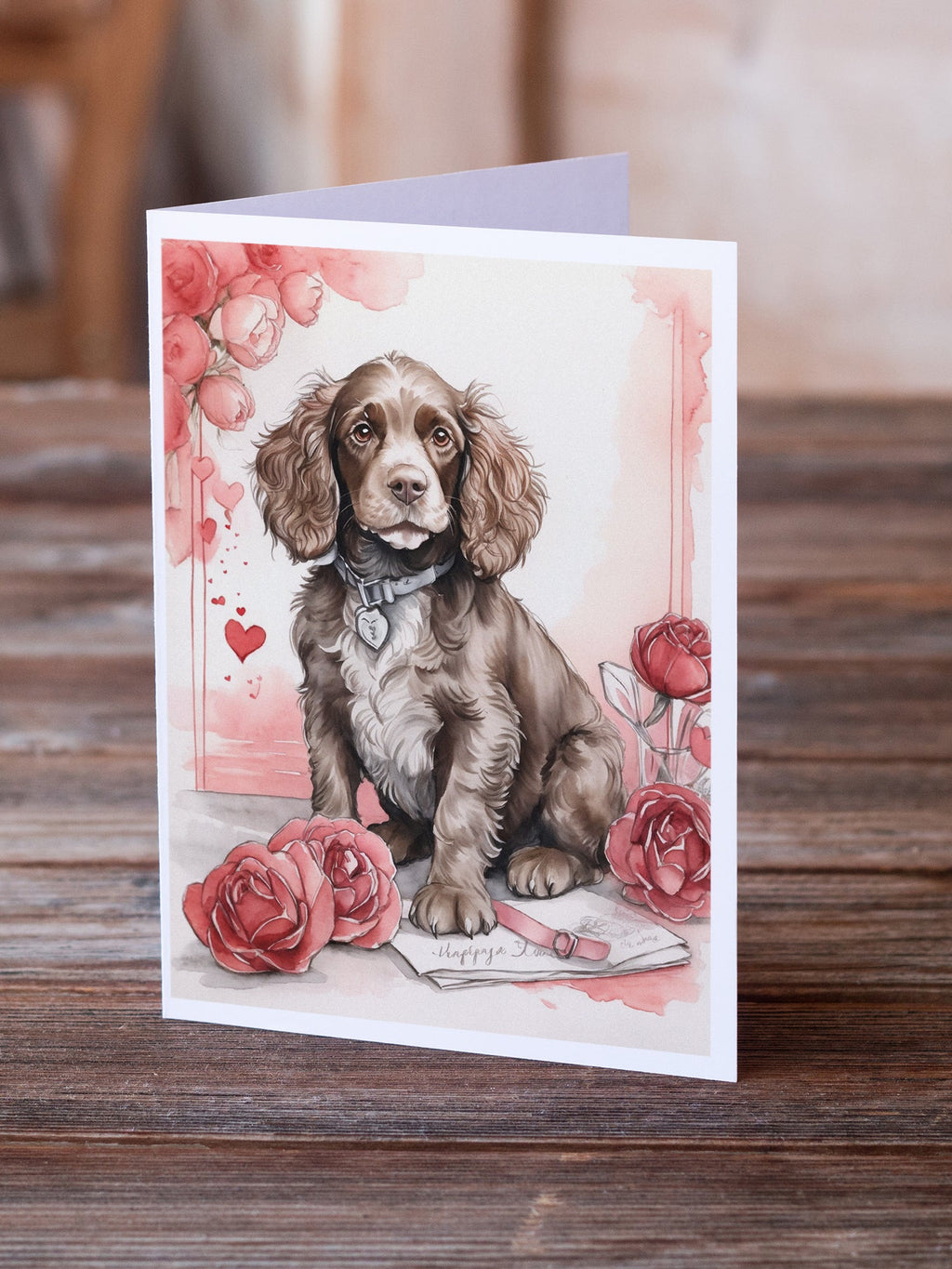 Water Spaniel Valentine Roses Greeting Cards Pack of 8 Blank Cards with Envelopes Whimsical A7 Size 5x7
