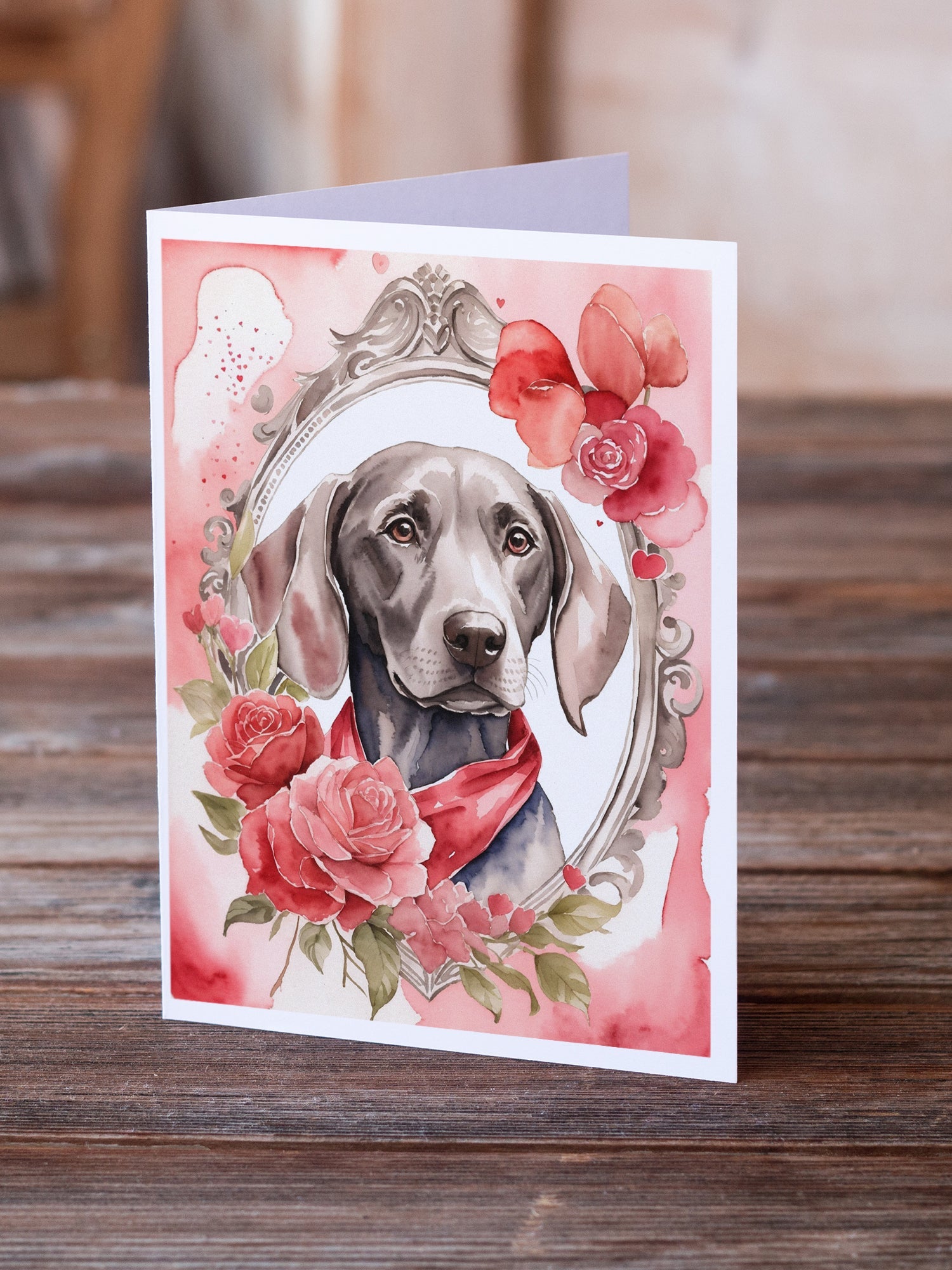Weimaraner Valentine Roses Greeting Cards Pack of 8 Blank Cards with Envelopes Whimsical A7 Size 5x7