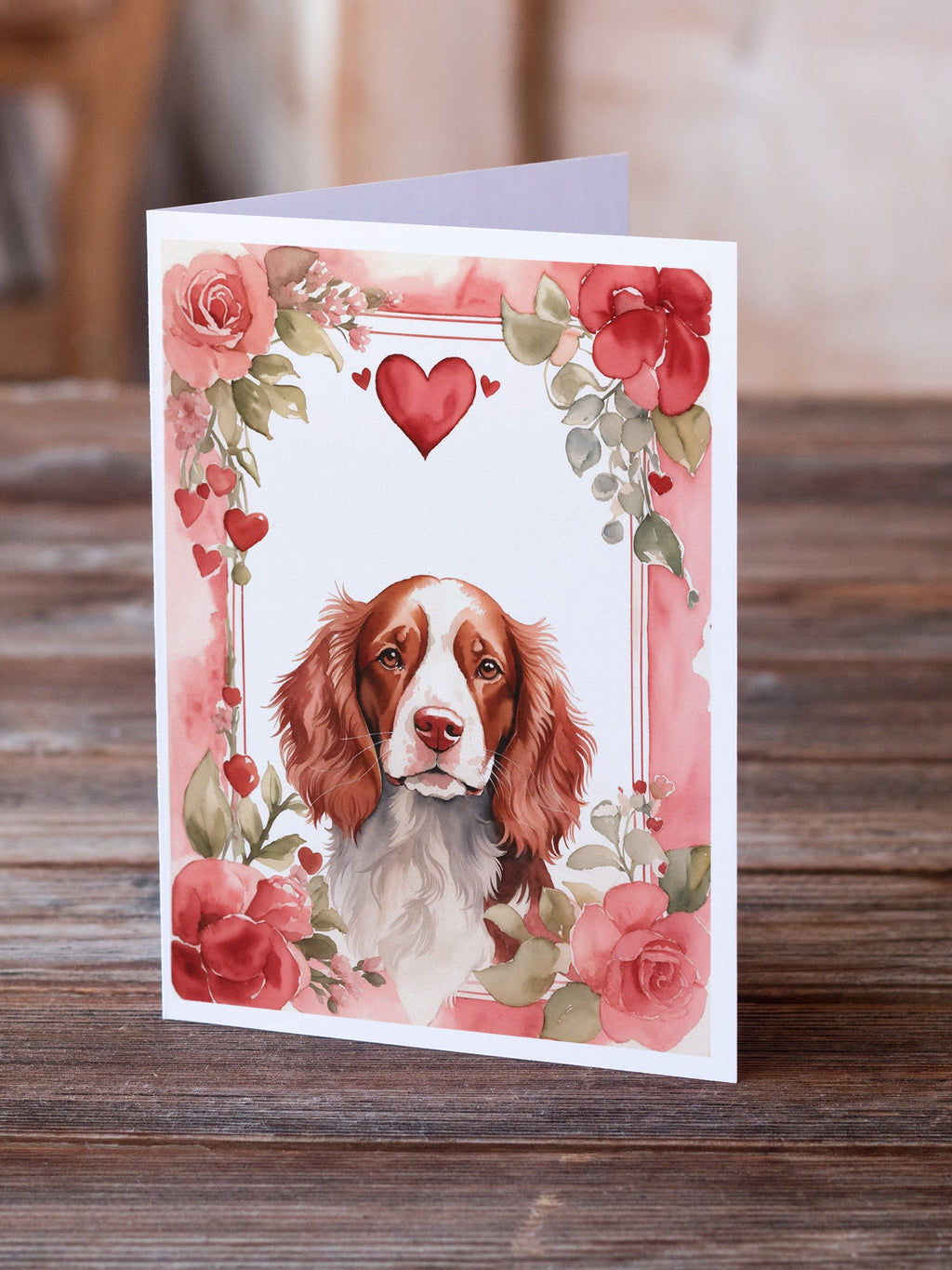 Welsh Springer Spaniel Valentine Roses Greeting Cards Pack of 8 Blank Cards with Envelopes Whimsical A7 Size 5x7