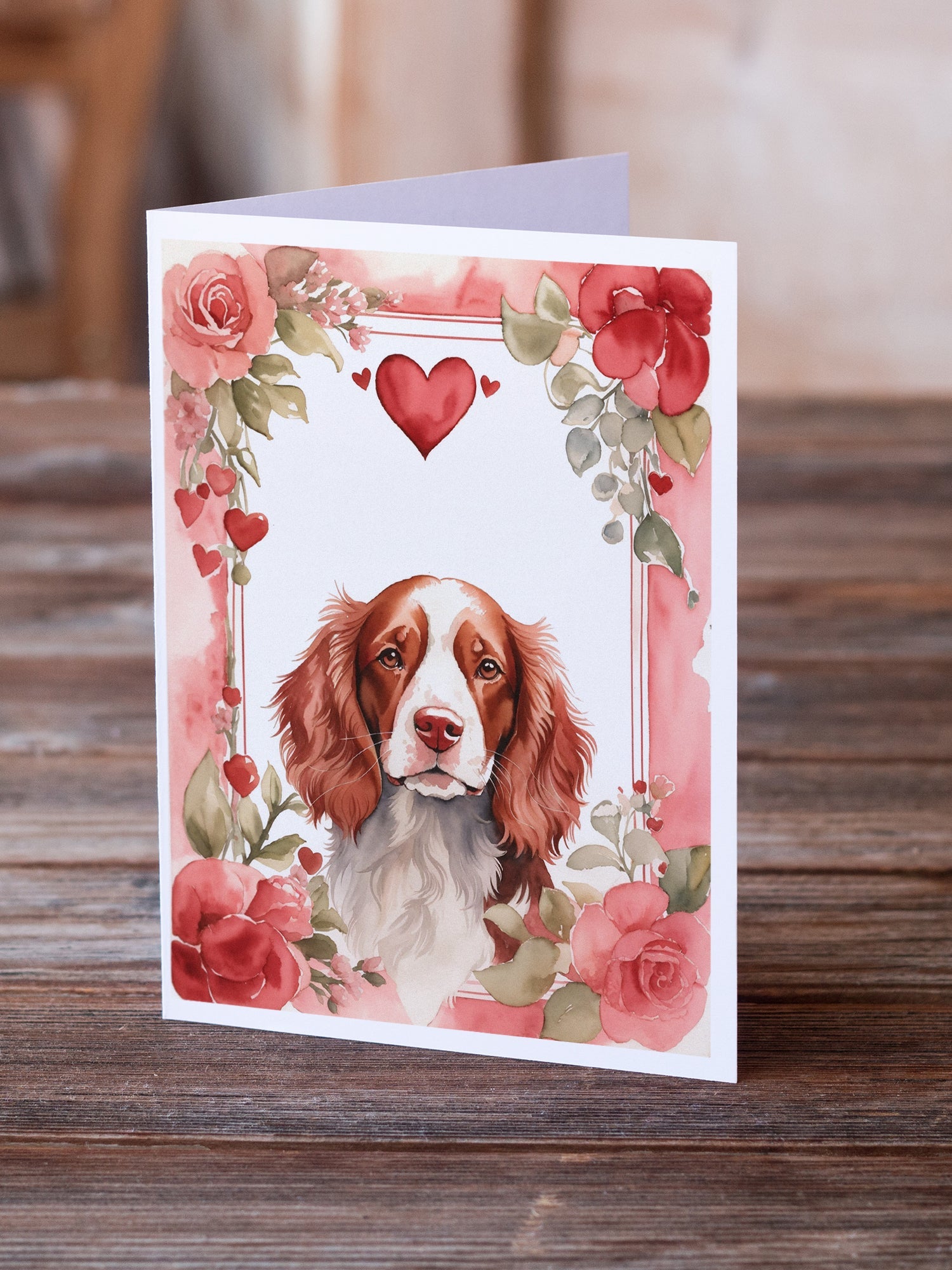 Welsh Springer Spaniel Valentine Roses Greeting Cards Pack of 8 Blank Cards with Envelopes Whimsical A7 Size 5x7