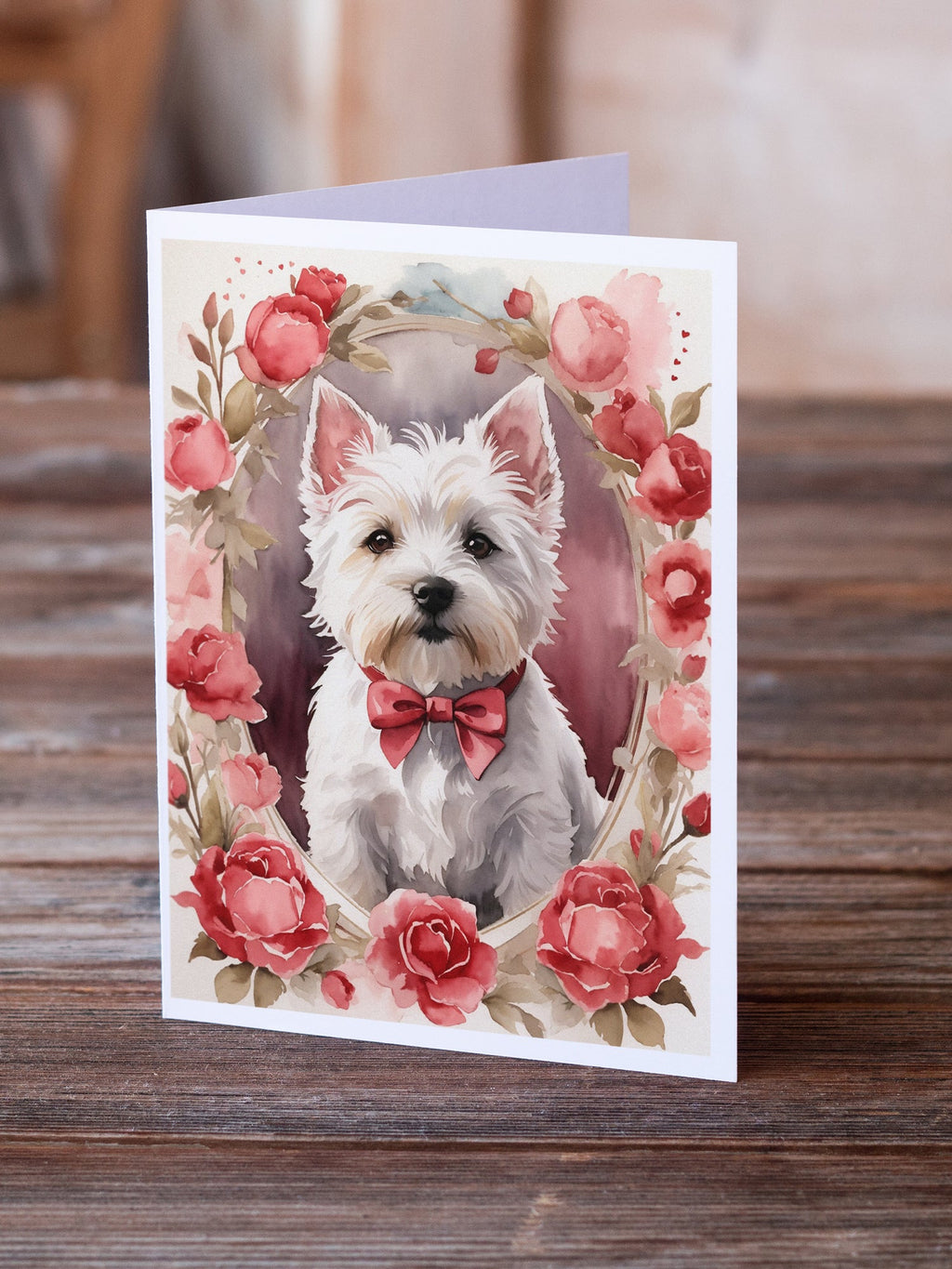 Westie Terrier Valentine Roses Greeting Cards Pack of 8 Blank Cards with Envelopes Whimsical A7 Size 5x7