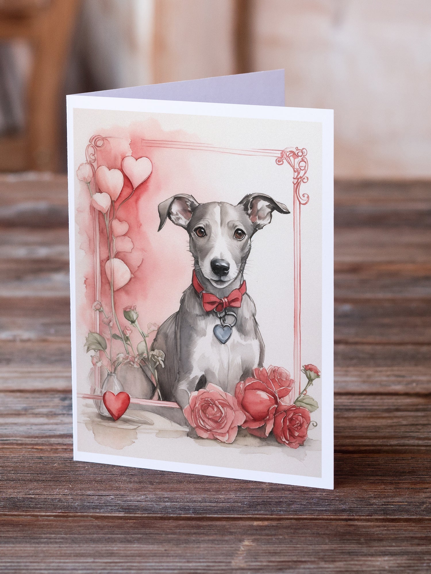 Whippet Valentine Roses Greeting Cards Pack of 8 Blank Cards with Envelopes Whimsical A7 Size 5x7