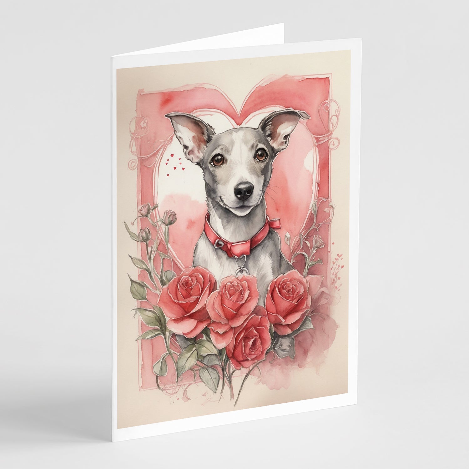 Whippet Valentine Roses Greeting Cards Pack of 8 Blank Cards with Envelopes Whimsical A7 Size 5x7