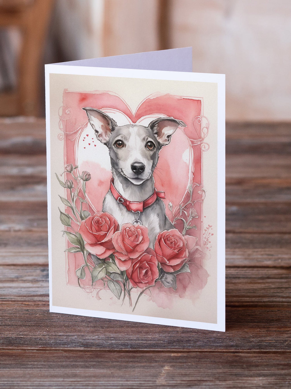Whippet Valentine Roses Greeting Cards Pack of 8 Blank Cards with Envelopes Whimsical A7 Size 5x7