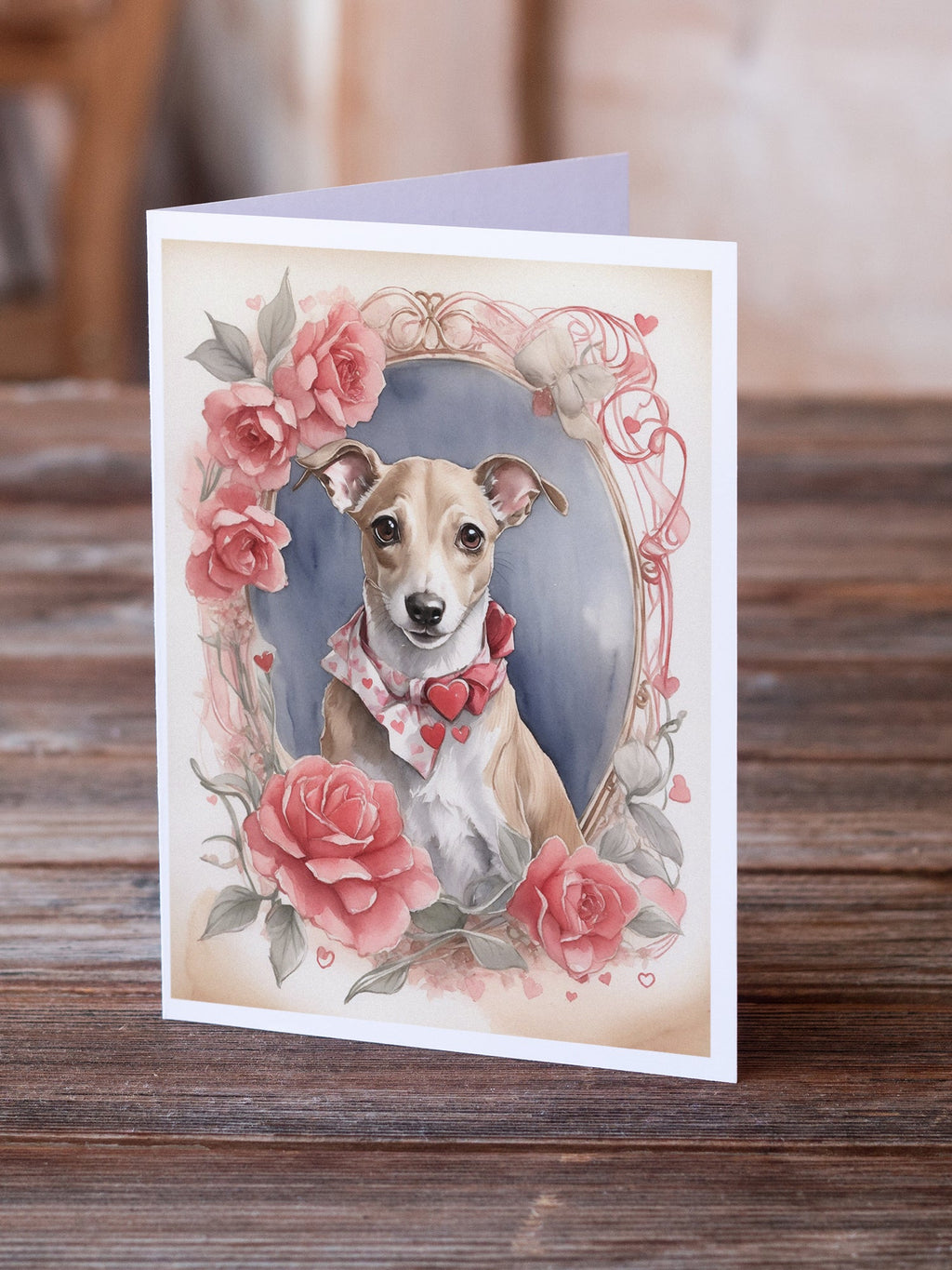 Whippet Valentine Roses Greeting Cards Pack of 8 Blank Cards with Envelopes Whimsical A7 Size 5x7