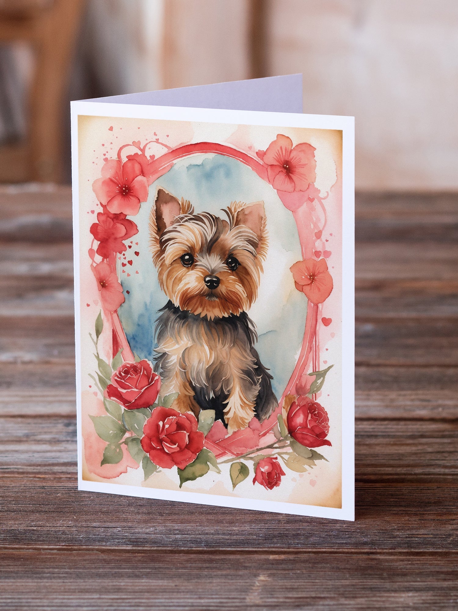 Yorkshire Terrier Valentine Roses Greeting Cards Pack of 8 Blank Cards with Envelopes Whimsical A7 Size 5x7