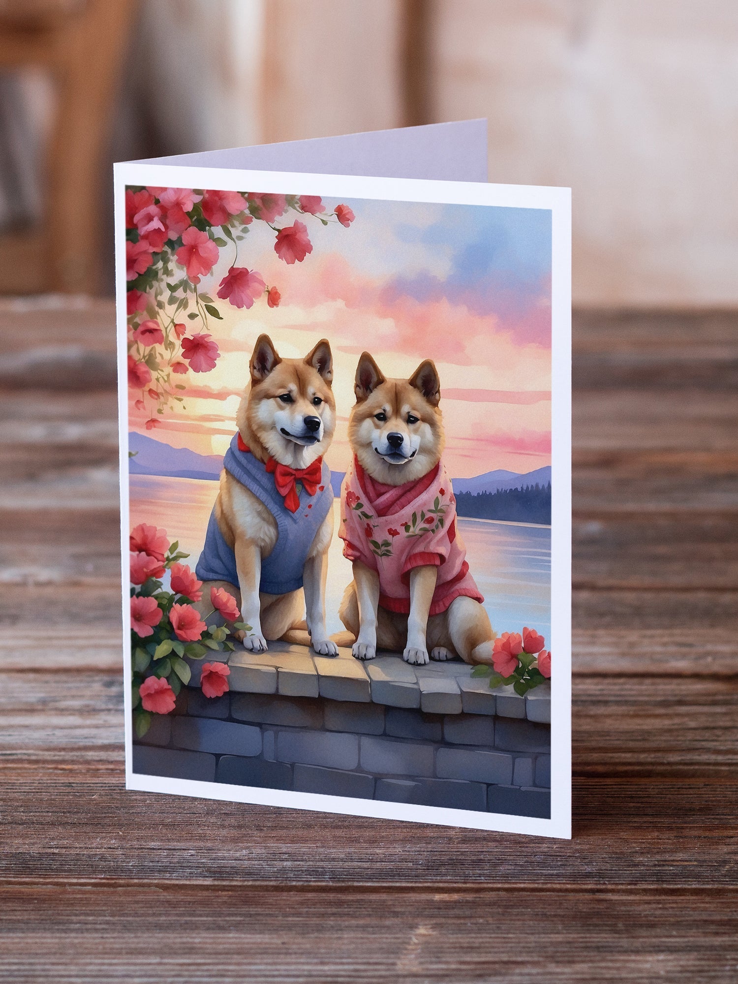 Akita Two Hearts Greeting Cards Pack of 8 Blank Cards with Envelopes Whimsical A7 Size 5x7