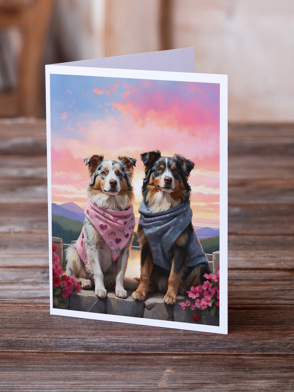 Australian Shepherd Two Hearts Greeting Cards Pack of 8 Blank Cards with Envelopes Whimsical A7 Size 5x7