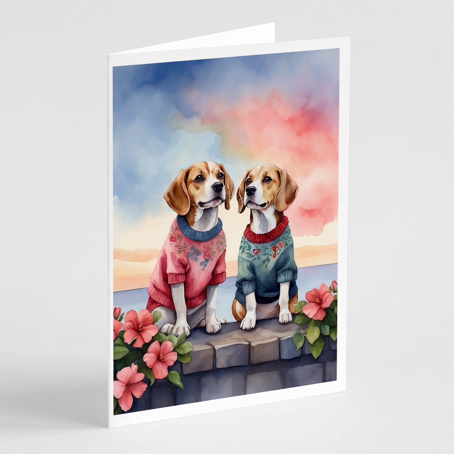 Beagle Two Hearts Greeting Cards Pack of 8 Blank Cards with Envelopes Whimsical A7 Size 5x7