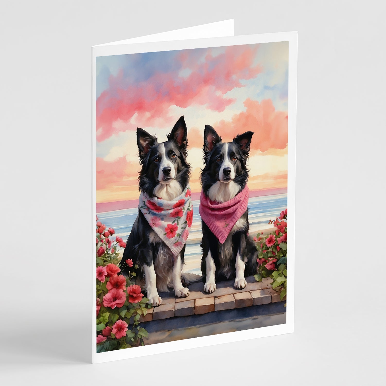 Border Collie Two Hearts Greeting Cards Pack of 8 Blank Cards with Envelopes Whimsical A7 Size 5x7