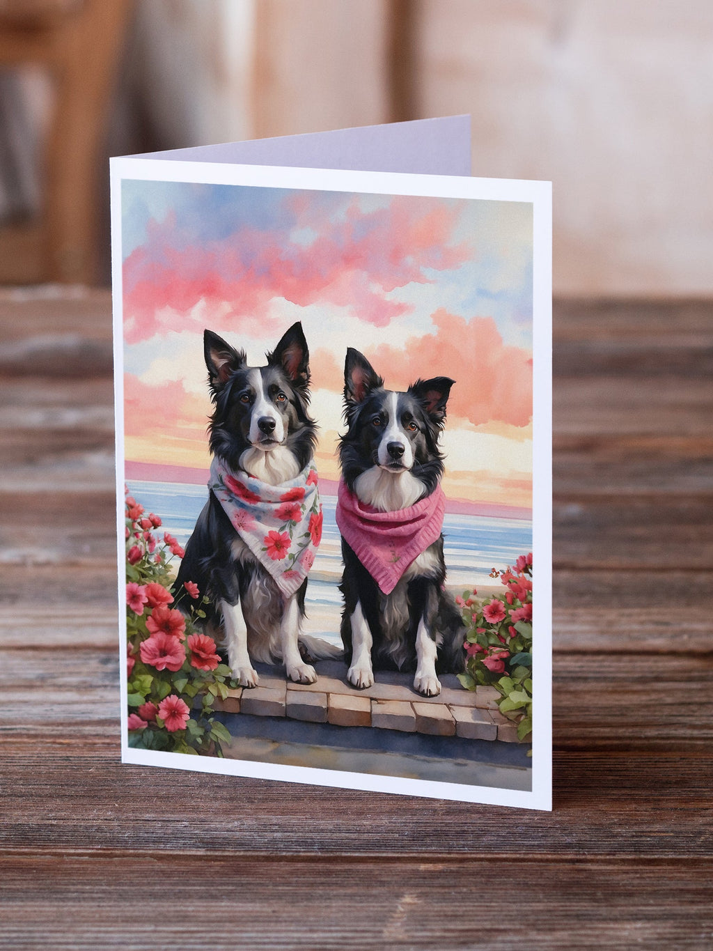 Border Collie Two Hearts Greeting Cards Pack of 8 Blank Cards with Envelopes Whimsical A7 Size 5x7
