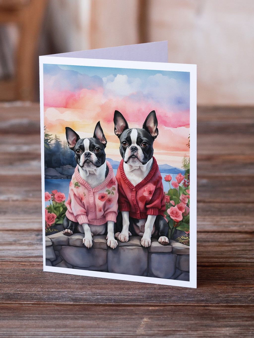 Boston Terrier Two Hearts Greeting Cards Pack of 8 Blank Cards with Envelopes Whimsical A7 Size 5x7