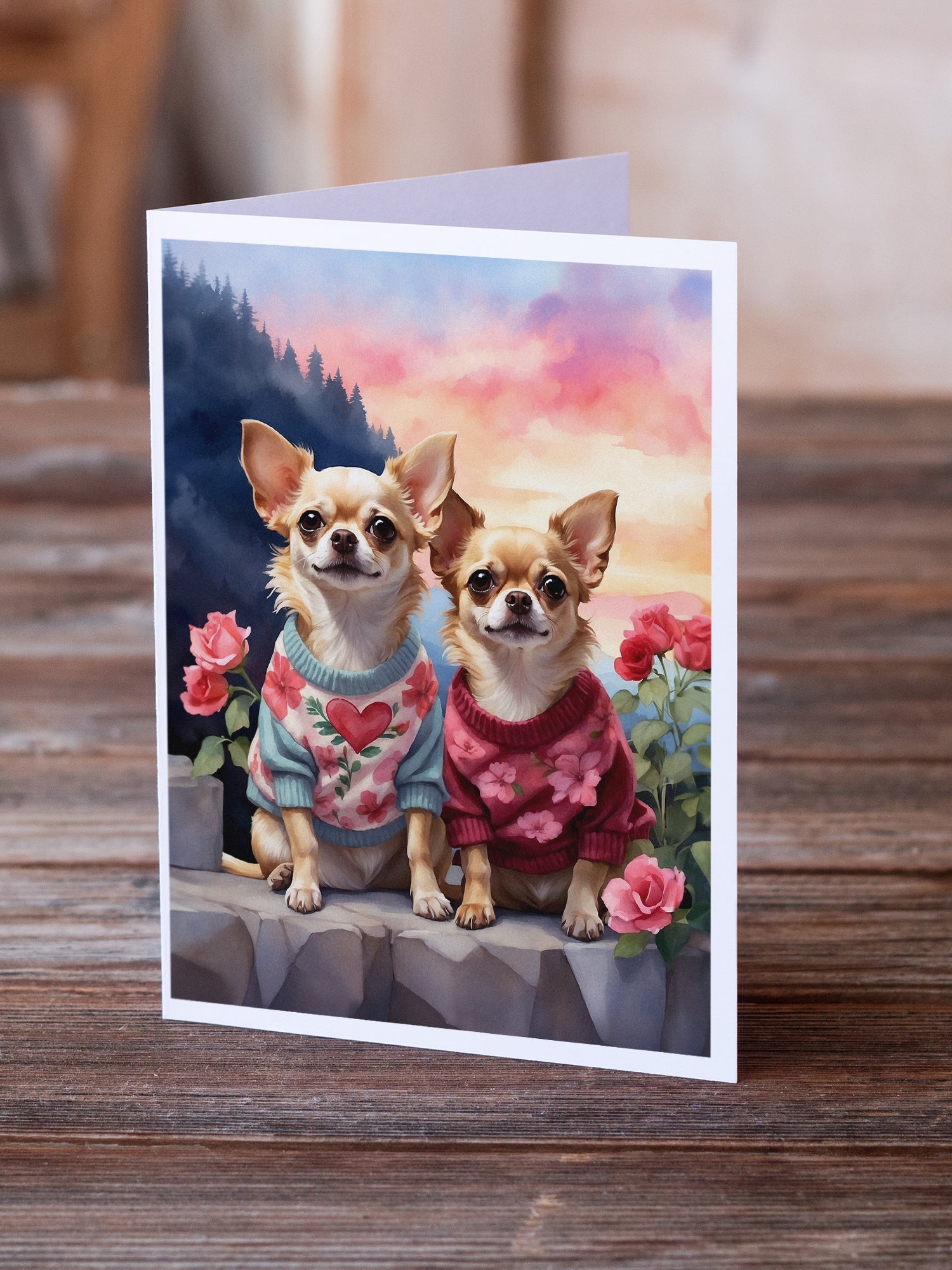 Chihuahua Two Hearts Greeting Cards Pack of 8 Blank Cards with Envelopes Whimsical A7 Size 5x7
