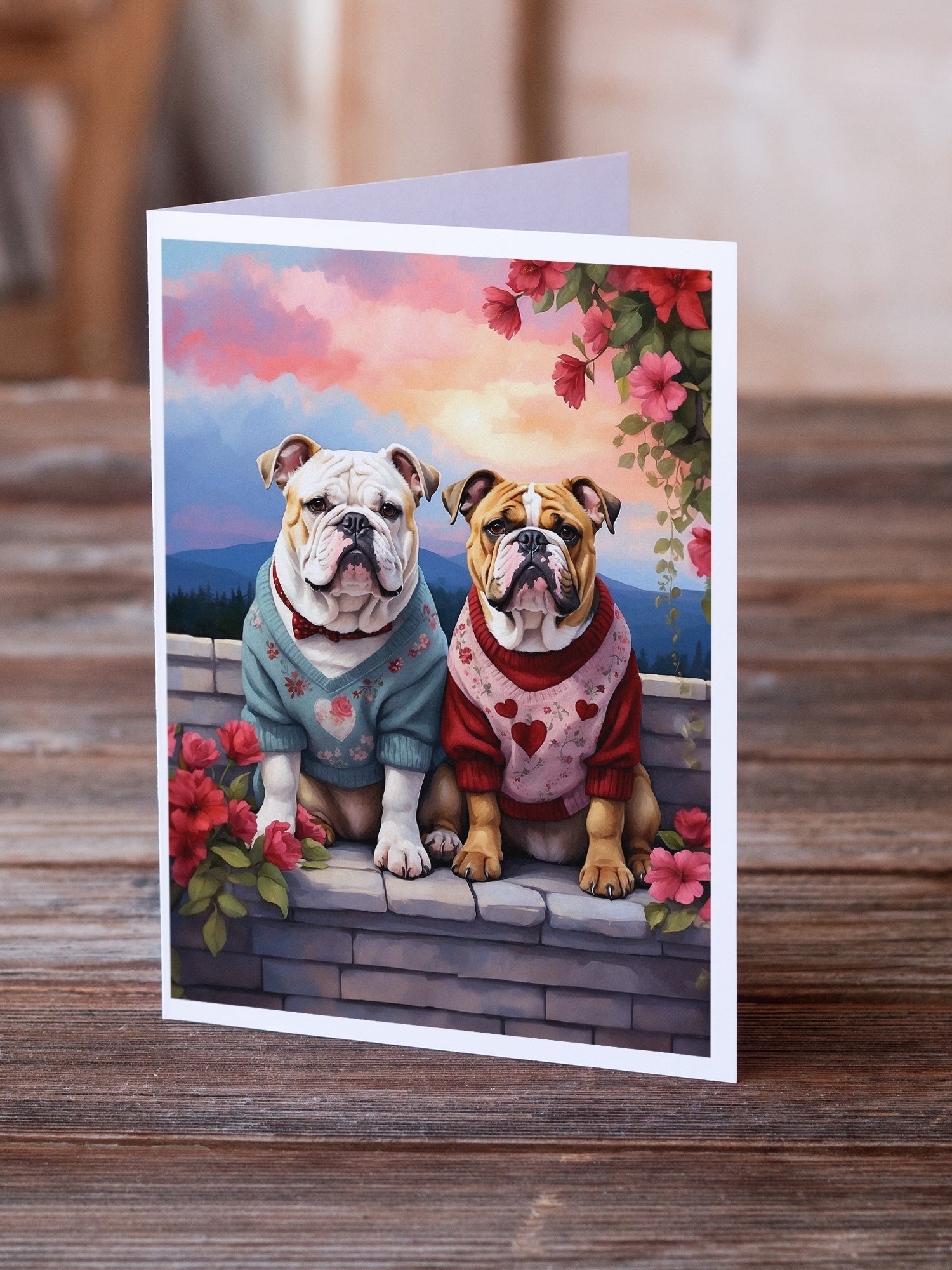 English Bulldog Two Hearts Greeting Cards Pack of 8 Blank Cards with Envelopes Whimsical A7 Size 5x7