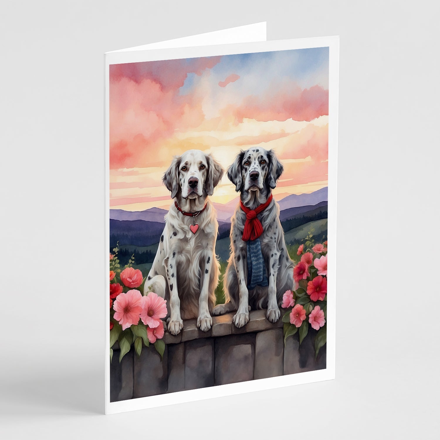 English Setter Two Hearts Greeting Cards Pack of 8 Blank Cards with Envelopes Whimsical A7 Size 5x7