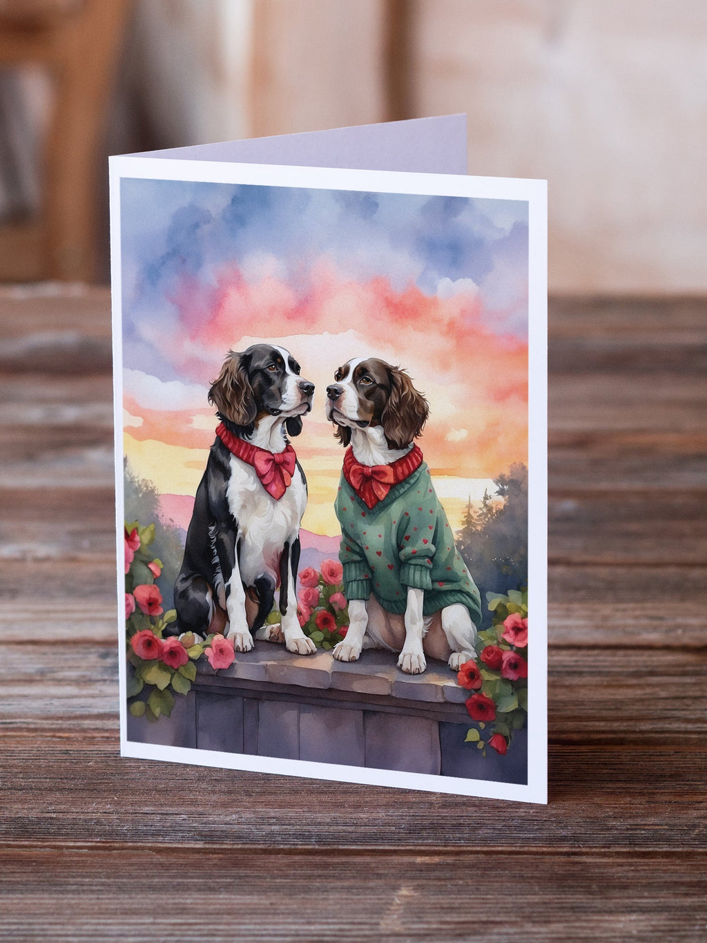 English Springer Spaniel Two Hearts Greeting Cards Pack of 8 Blank Cards with Envelopes Whimsical A7 Size 5x7