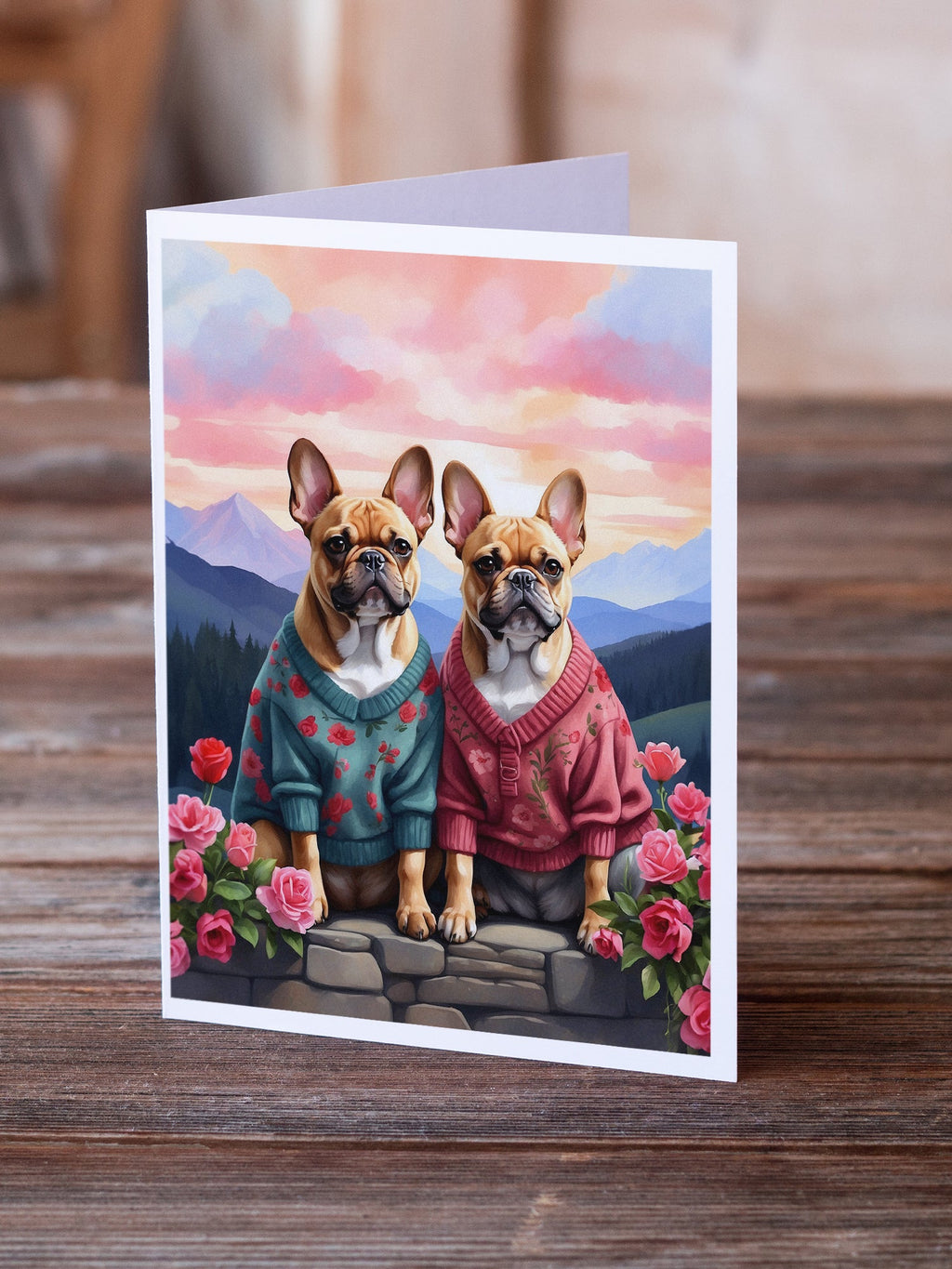 French Bulldog Two Hearts Greeting Cards Pack of 8 Blank Cards with Envelopes Whimsical A7 Size 5x7