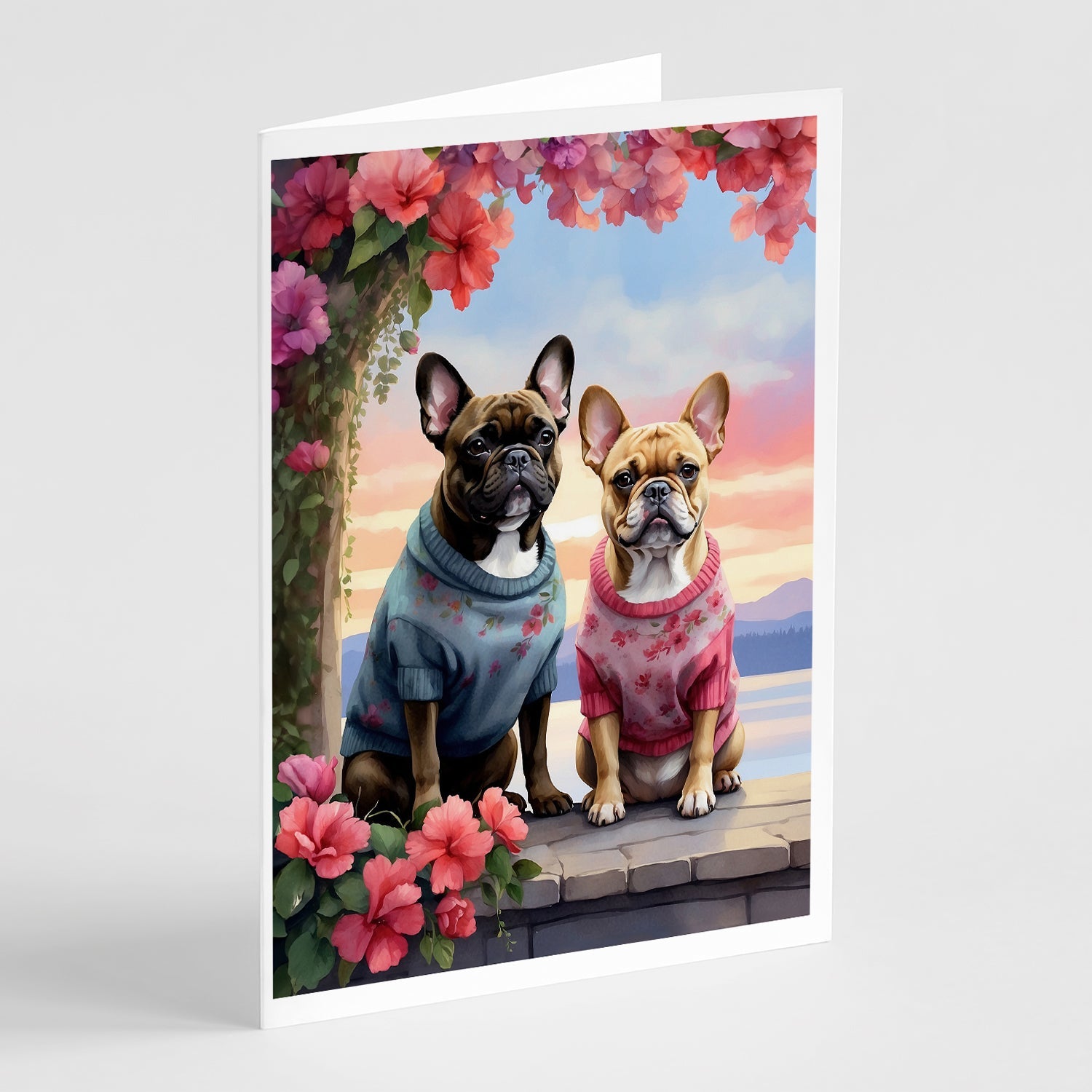 French Bulldog Two Hearts Greeting Cards Pack of 8 Blank Cards with Envelopes Whimsical A7 Size 5x7