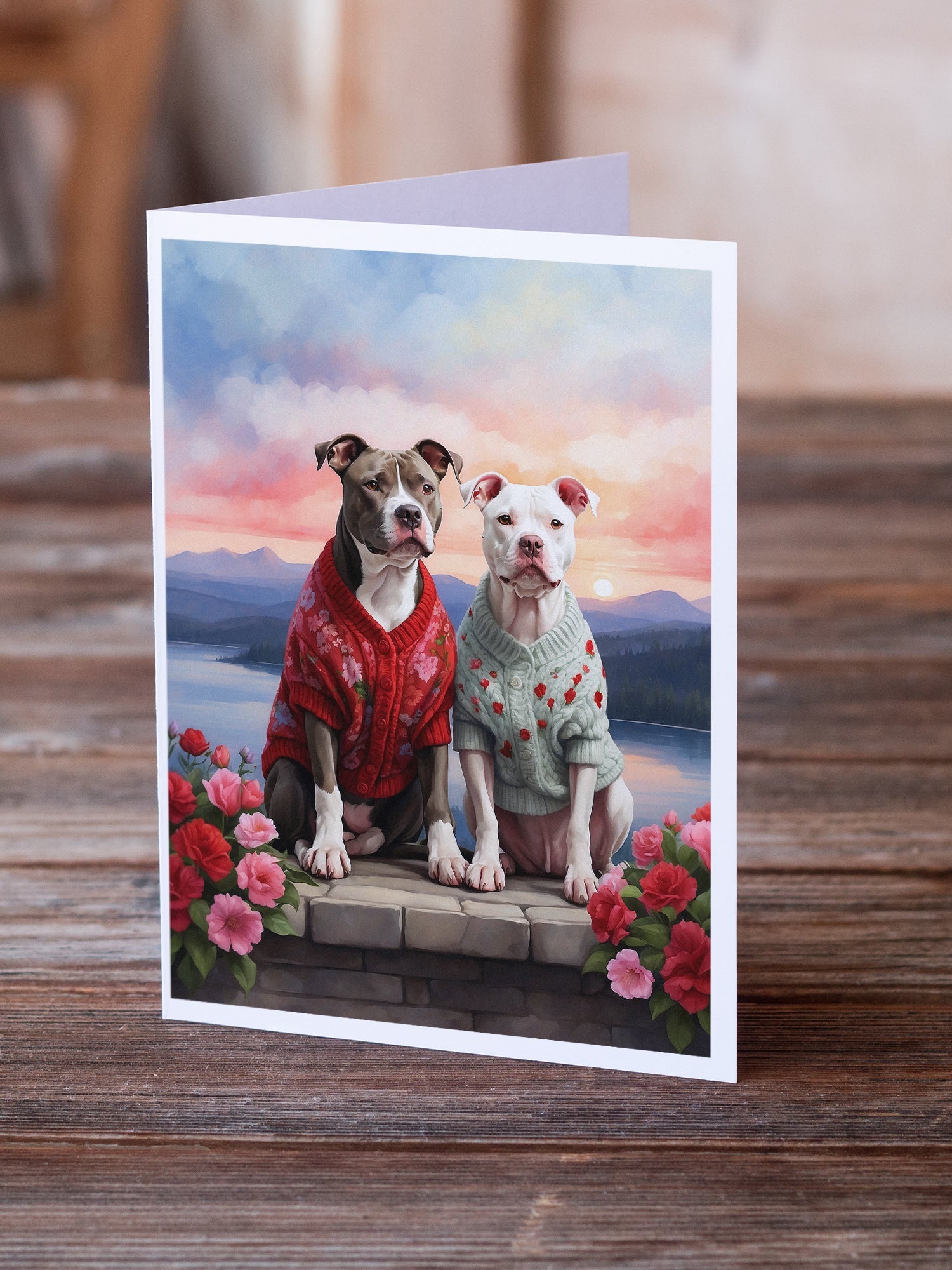 Pit Bull Terrier Two Hearts Greeting Cards Pack of 8 Blank Cards with Envelopes Whimsical A7 Size 5x7