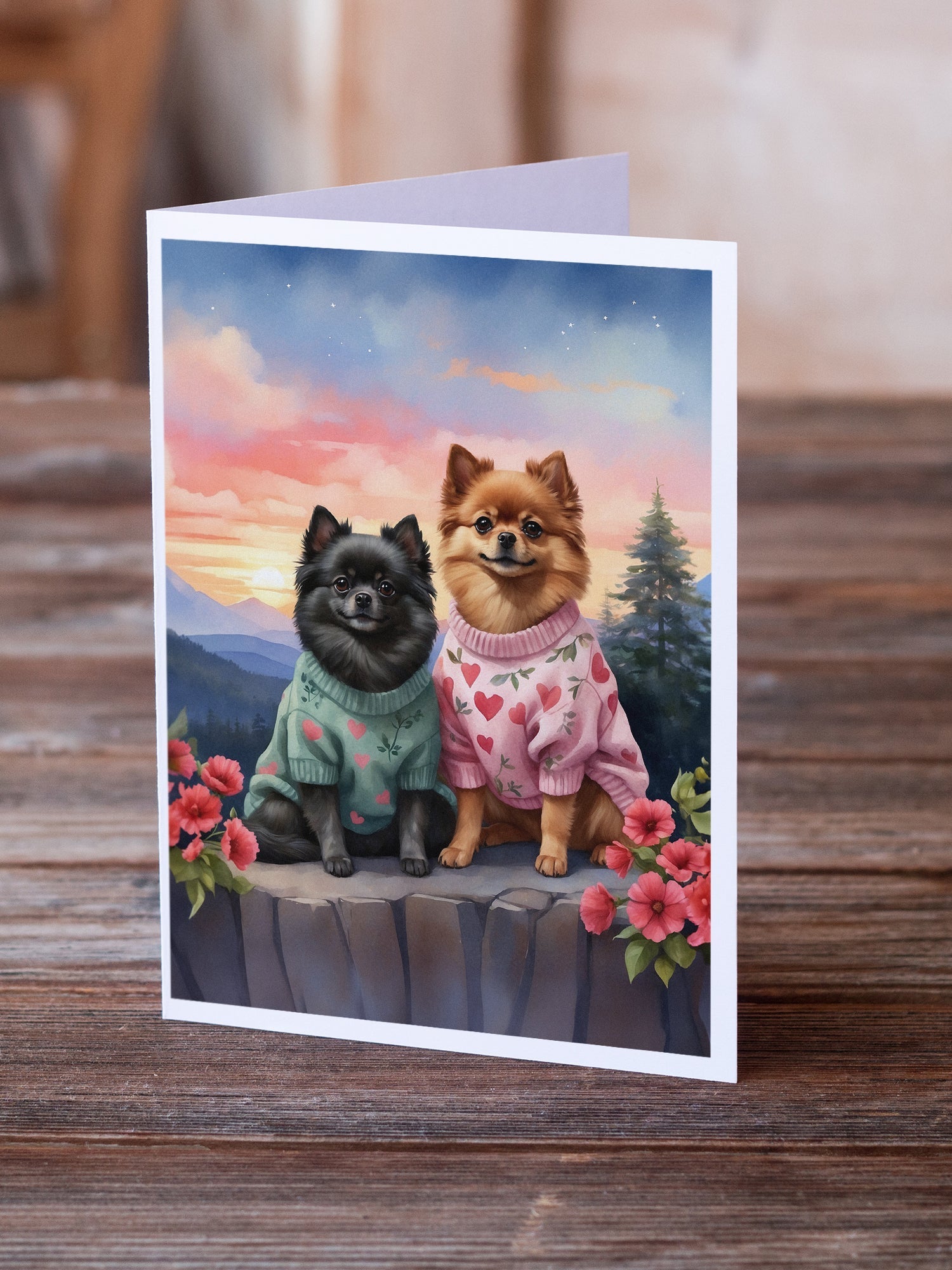 Pomeranian Two Hearts Greeting Cards Pack of 8 Blank Cards with Envelopes Whimsical A7 Size 5x7