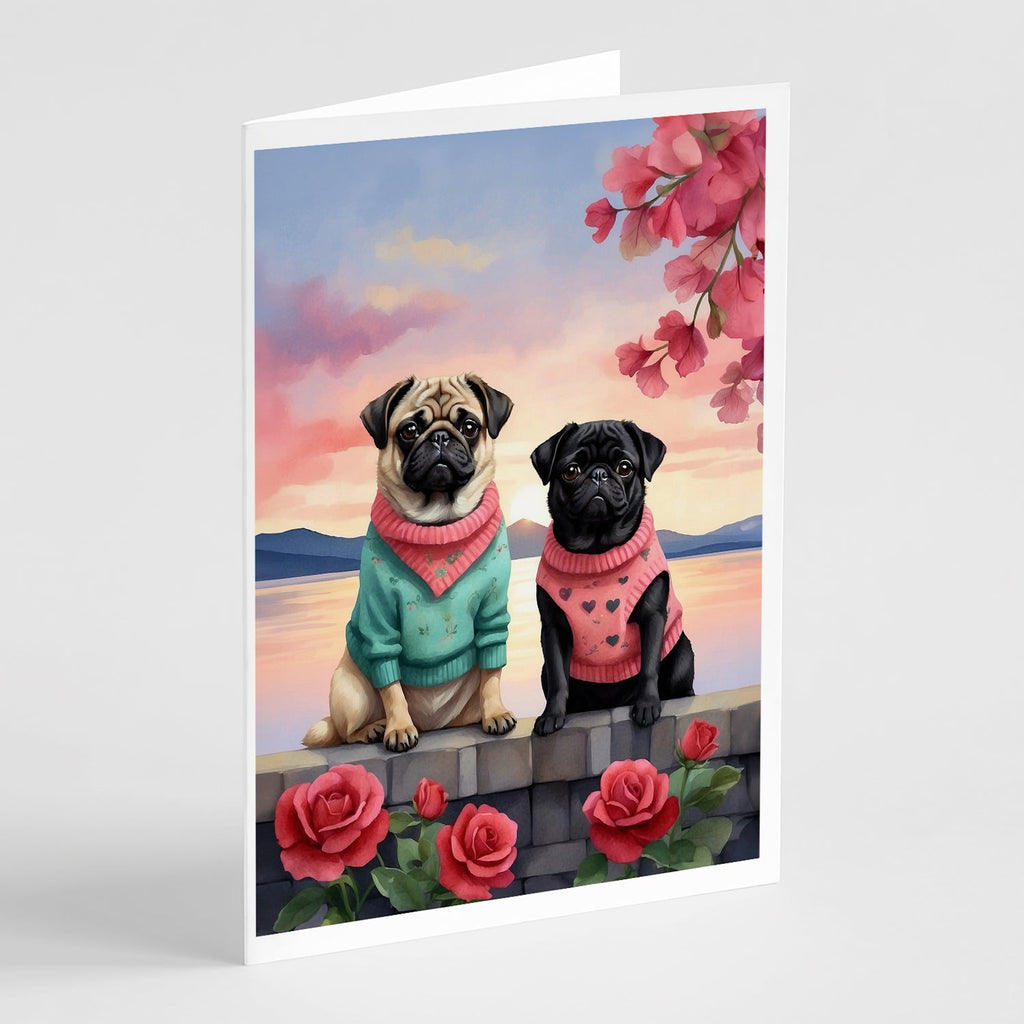 Pug Two Hearts Greeting Cards Pack of 8 Blank Cards with Envelopes Whimsical A7 Size 5x7