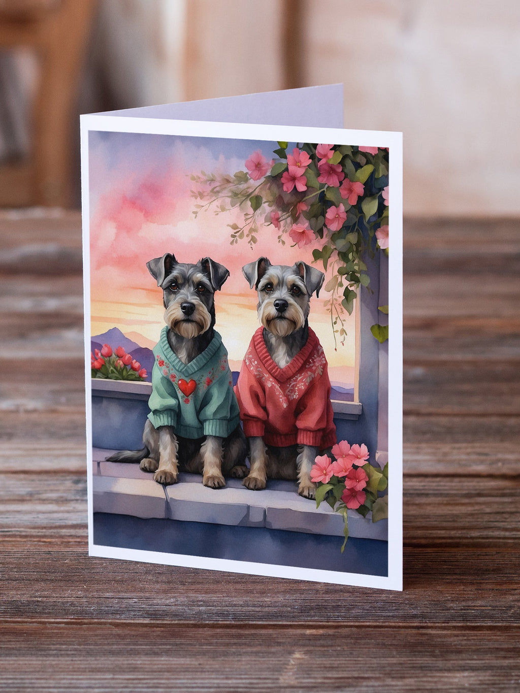 Schnauzer Two Hearts Greeting Cards Pack of 8 Blank Cards with Envelopes Whimsical A7 Size 5x7