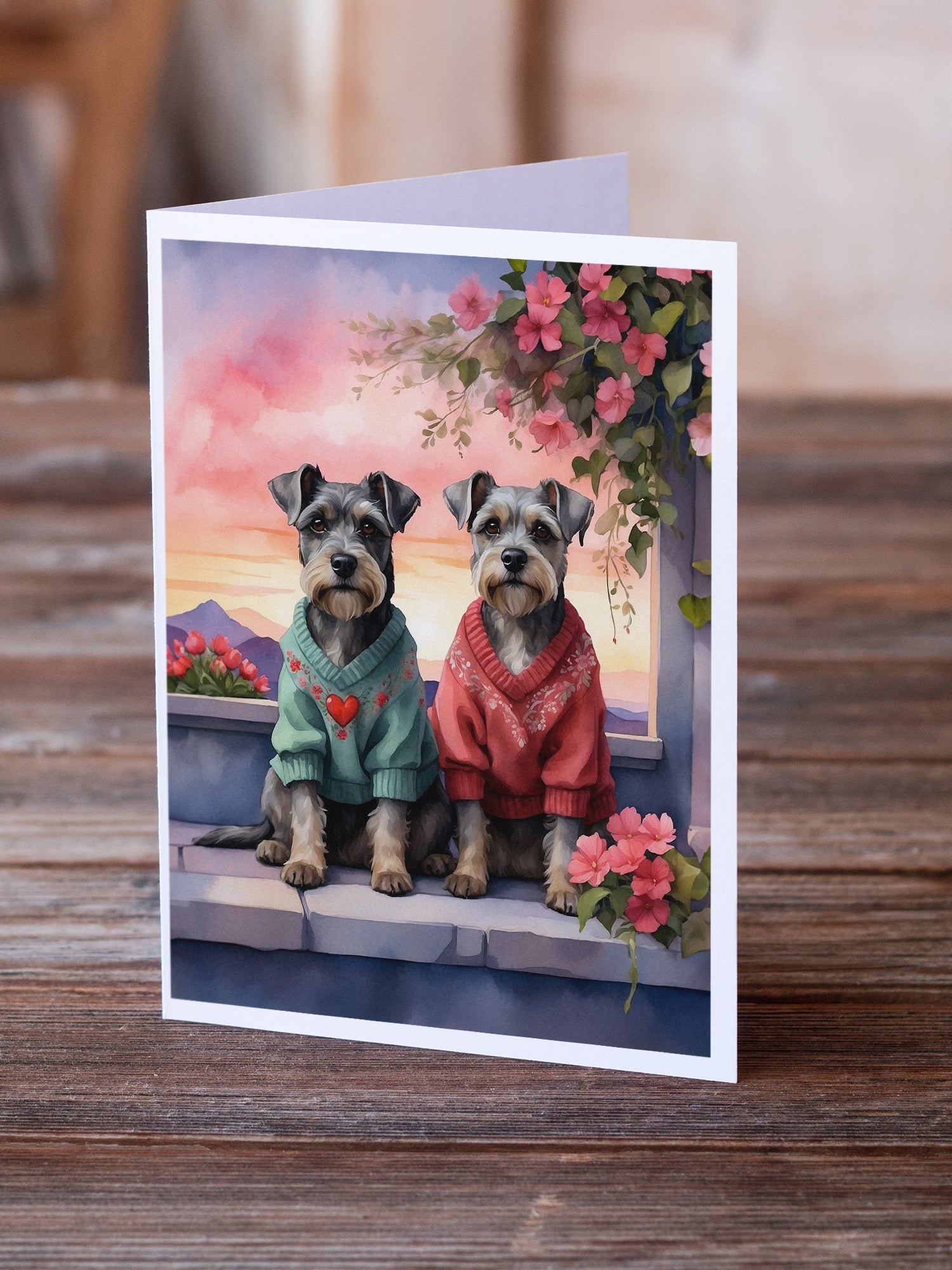 Schnauzer Two Hearts Greeting Cards Pack of 8 Blank Cards with Envelopes Whimsical A7 Size 5x7