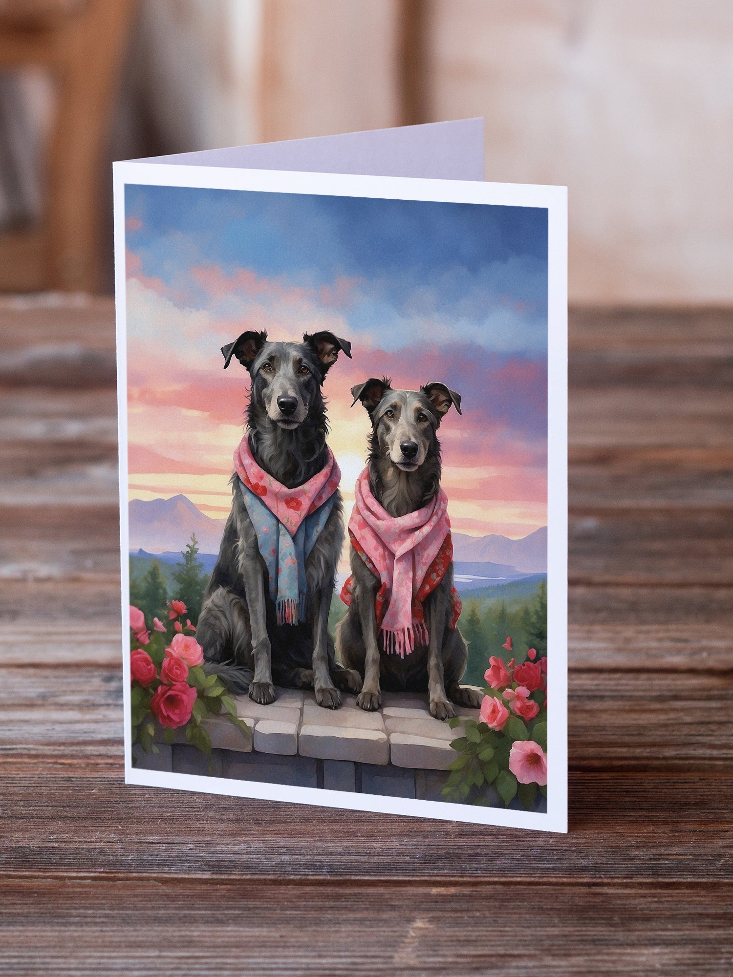 Scottish Deerhound Two Hearts Greeting Cards Pack of 8 Blank Cards with Envelopes Whimsical A7 Size 5x7