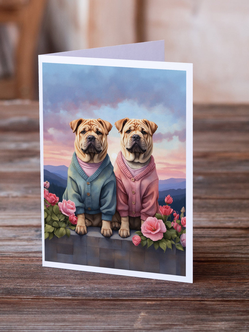 Shar Pei Two Hearts Greeting Cards Pack of 8 Blank Cards with Envelopes Whimsical A7 Size 5x7